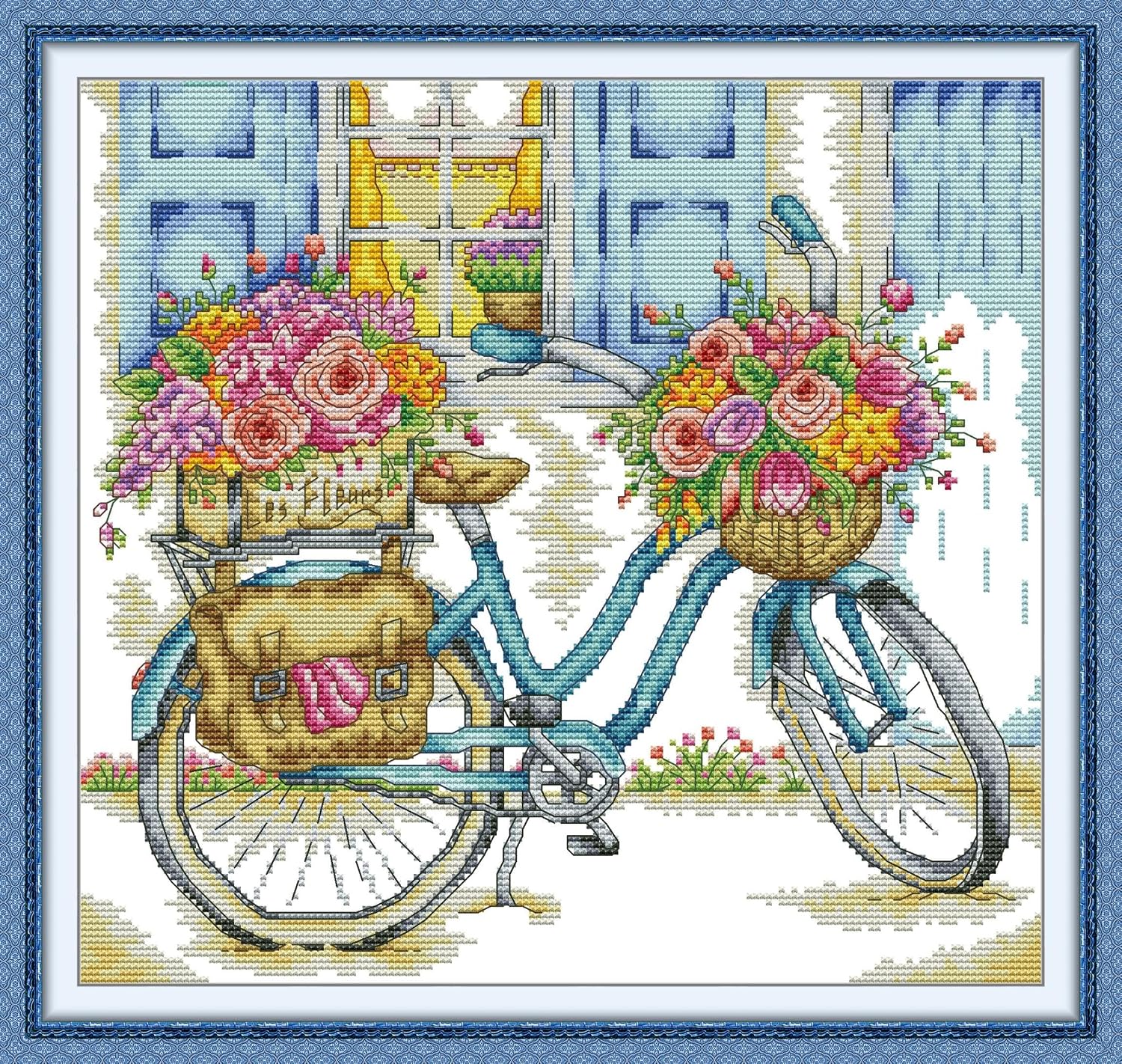 14CT Landscapel Counted Cross Stitch Kit for Beginners, Unprinted Complete DIY Embroidery Set with Pattern & Tools, Premium Aida Cloth & Threads (Bicycle Loaded with Flowers)