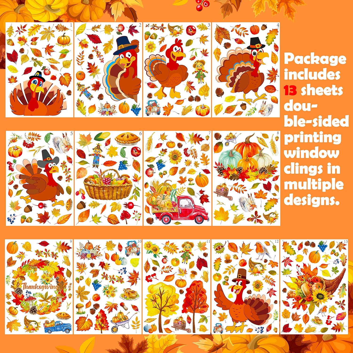 350PCS Fall Decor Thanksgiving Window Clings - Fall Decorations for Home Autumn Leaves Turkey Decals Party Supplies