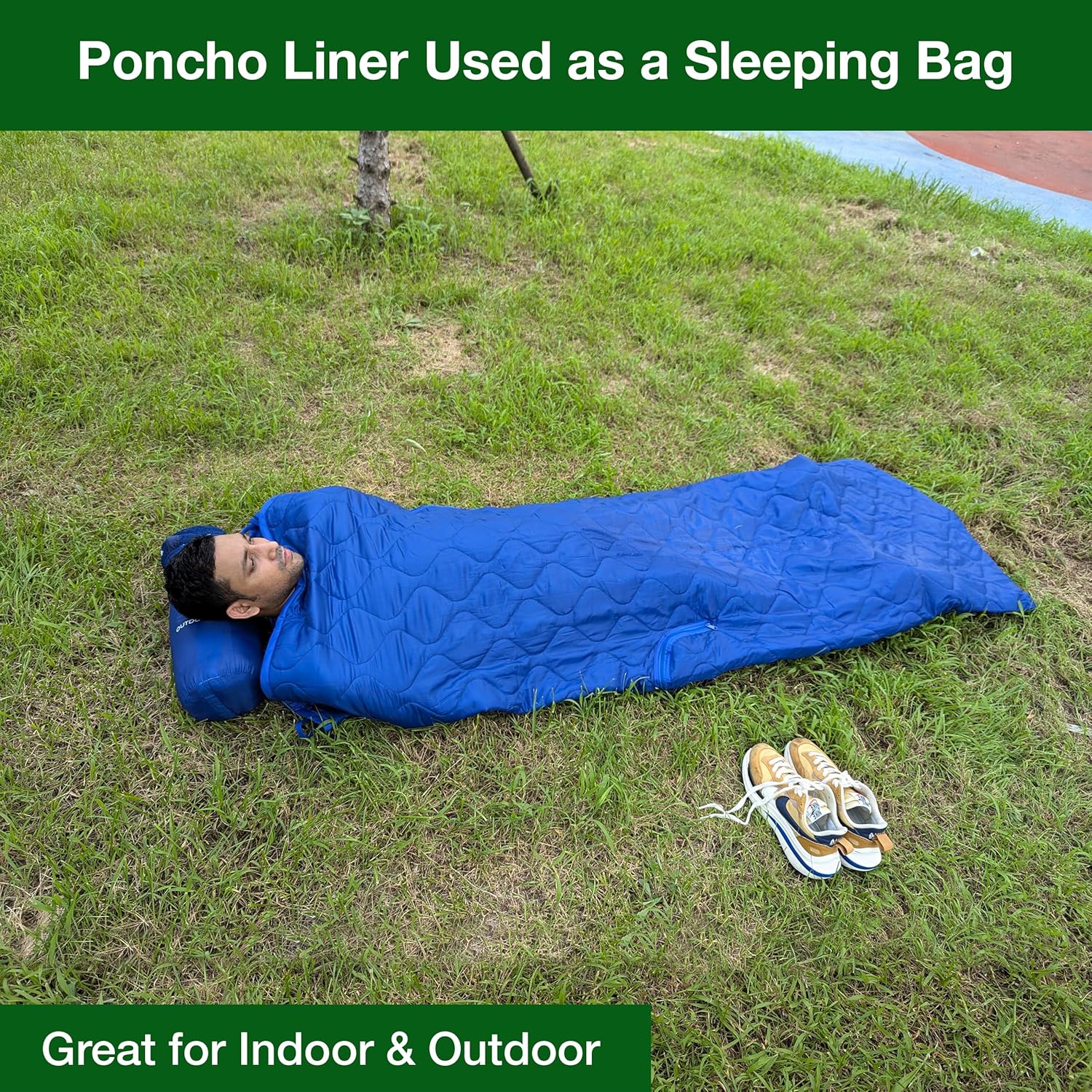 Wearable Blue Military Woobie Poncho Liner with Head Hole. Has Zippers That converts to Sleeping Bag. Water-Resistance, Ripstop Poncho Blanket with Drawstring Bag. Perfect for Outdoor Enthusiasts.