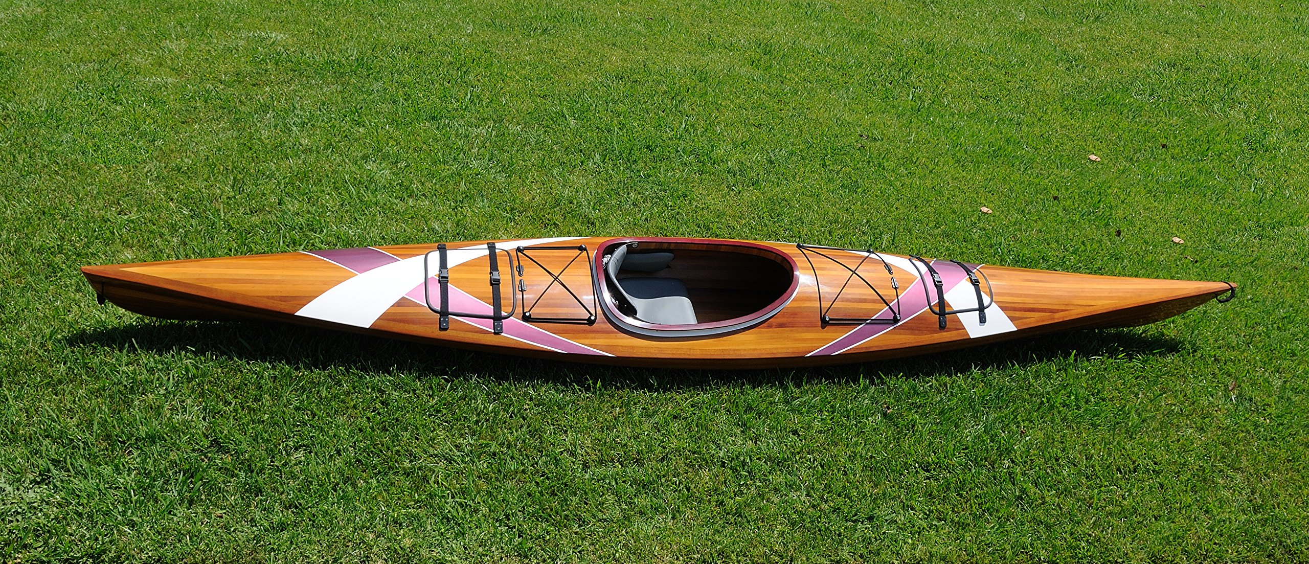 Old Modern Handicrafts 15-Feet Wooden Kayak with White & Purple Ribbon - Handcrafted in 500+ Hours from Premium Wood Such as Cedar and Hardwood - 177L x 24W x 13.5H Inches