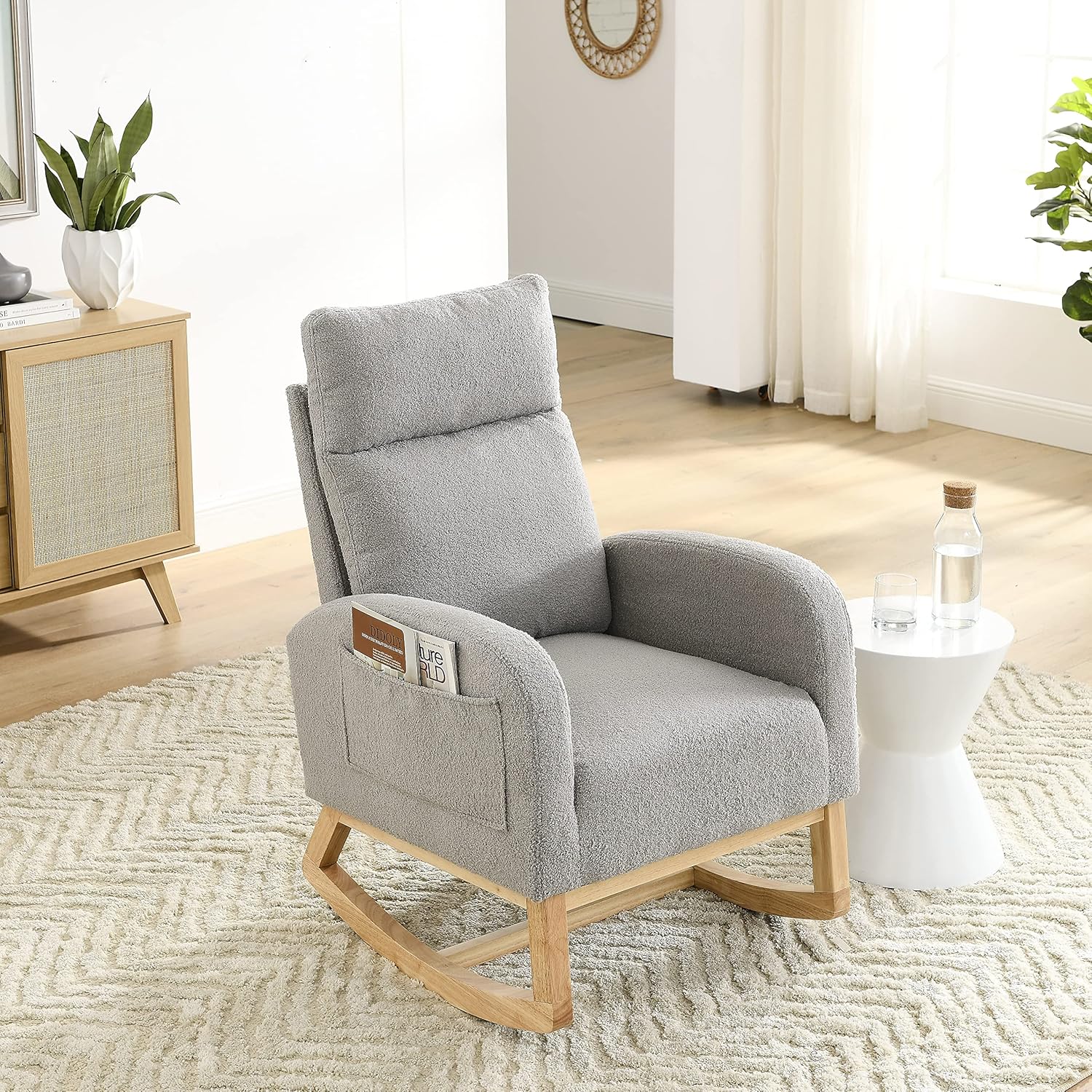 Modern Nursery Rocking Chair with High Backrest & Side Pockets - Gentle Rocker for Baby Room & Living Room, Ergonomic Pregnancy Chair (27.6" W)
