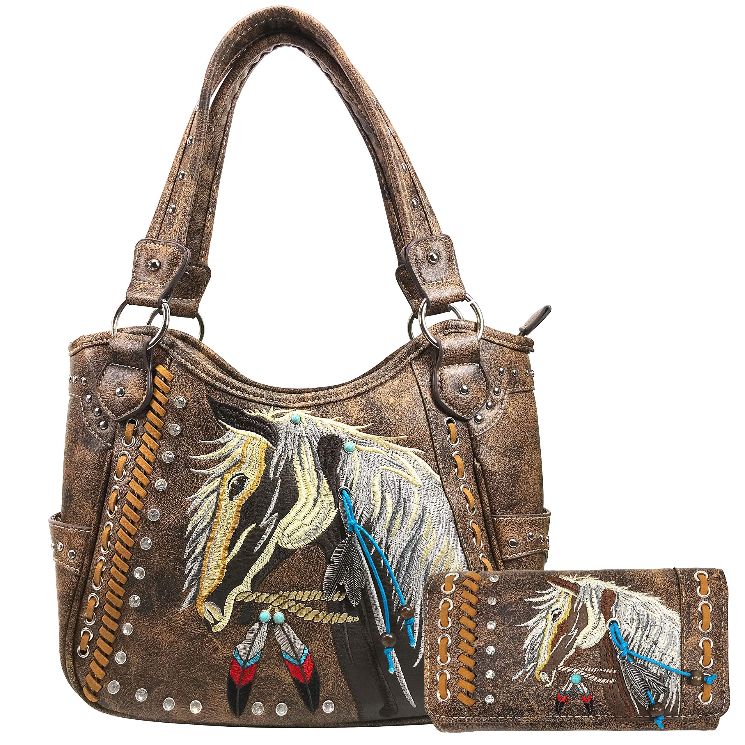 Dakota Dales Pony Horse Embroidery Mane Western Country Women Conceal Carry Tote Purse with Matching Wallet Set