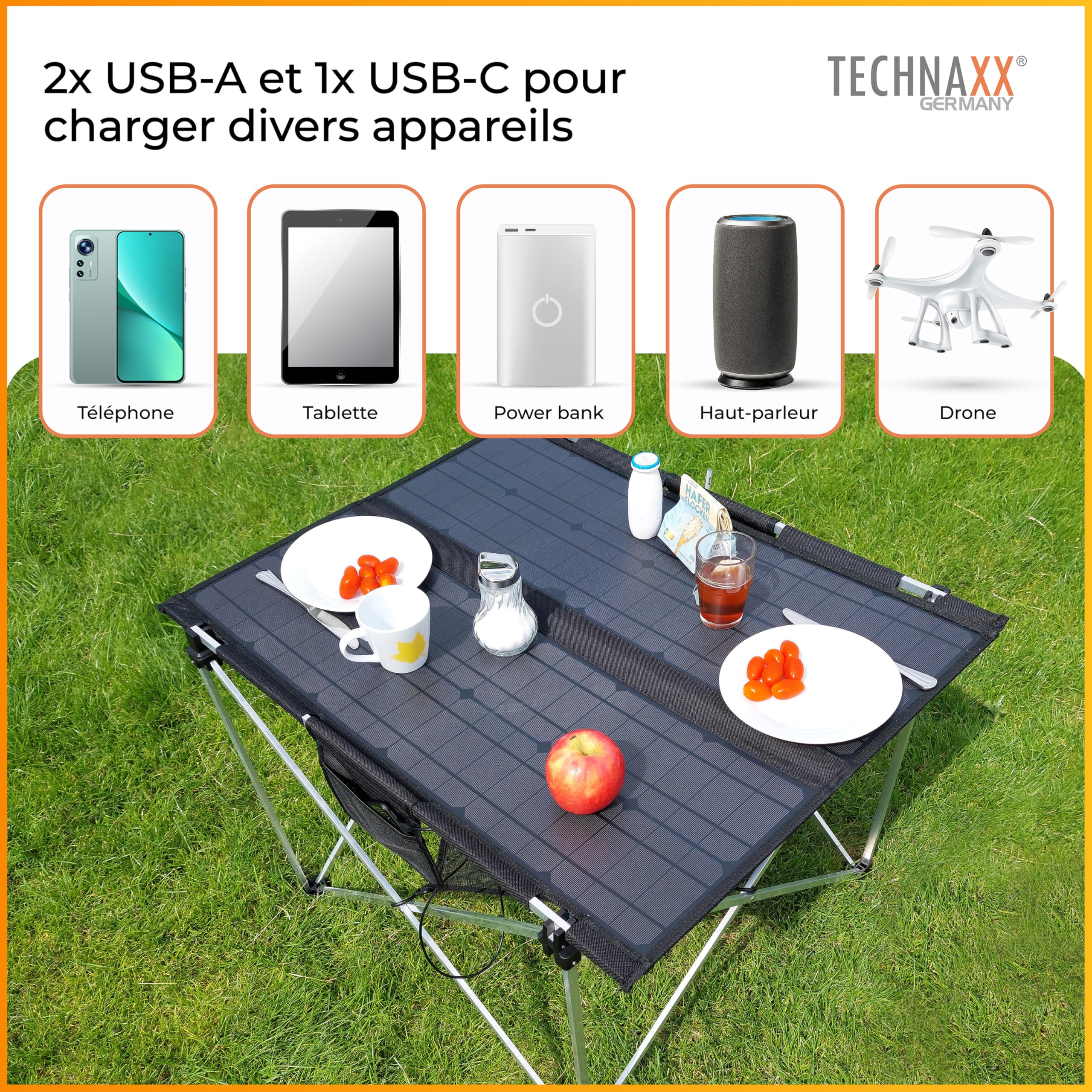 Technaxx Table de Camping Solaire Pliable 60 W TX-252, Panneau Solaire monocristallin avec 3 Ports USB, Sortie CC et élaboration Robuste – Parfait pour Le Camping et l'extérieur