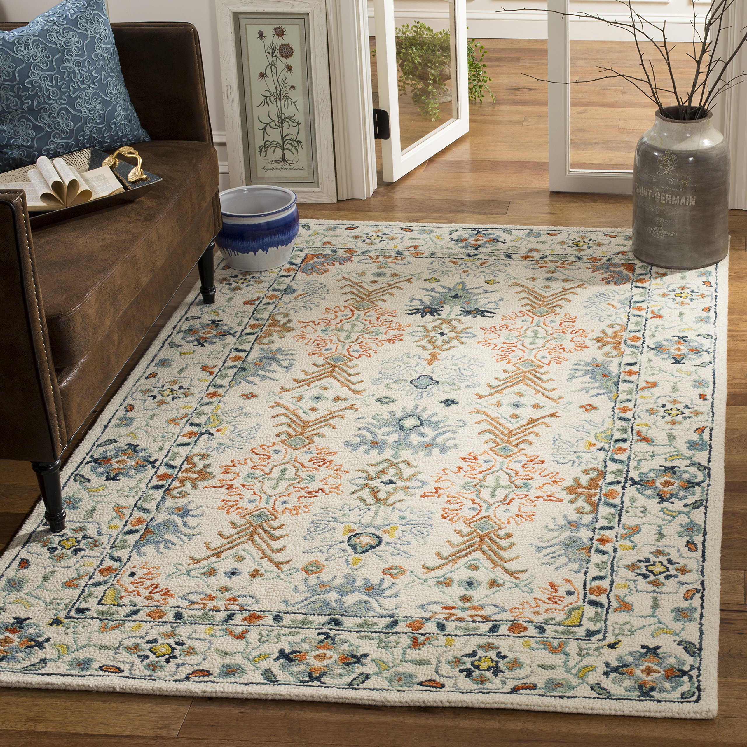 SAFAVIEH Aspen Collection Area Rug - 9' Square, Ivory & Blue, Handmade Boho Wool, Ideal for High Traffic Areas in Living Room, Bedroom (APN310A)