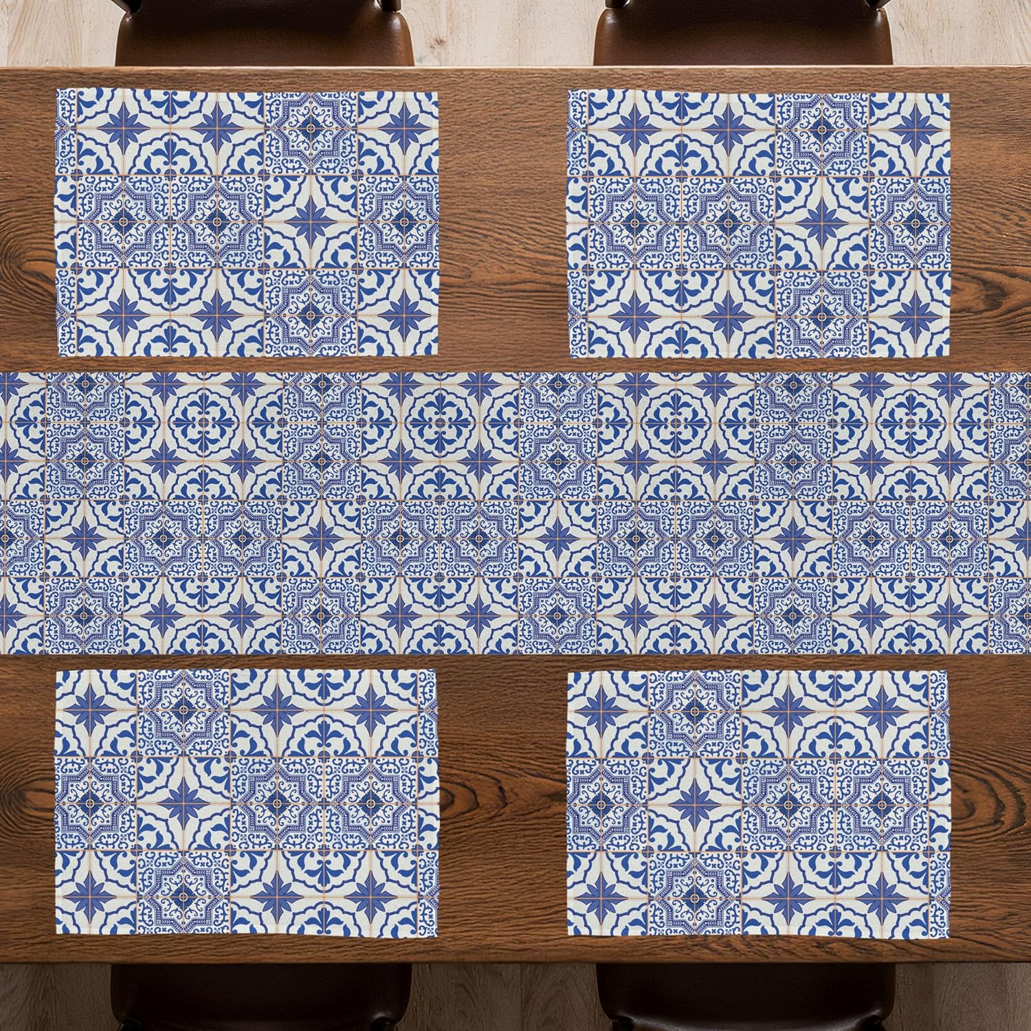 Ambesonne Moroccan Table Runner & Placemats, Portuguese Tiles Squares Grid Style Pattern Oriental Motif, Set for Dining Table Decor, Placemat 4 pcs + Runner 16"x72", Violet Blue Orange White