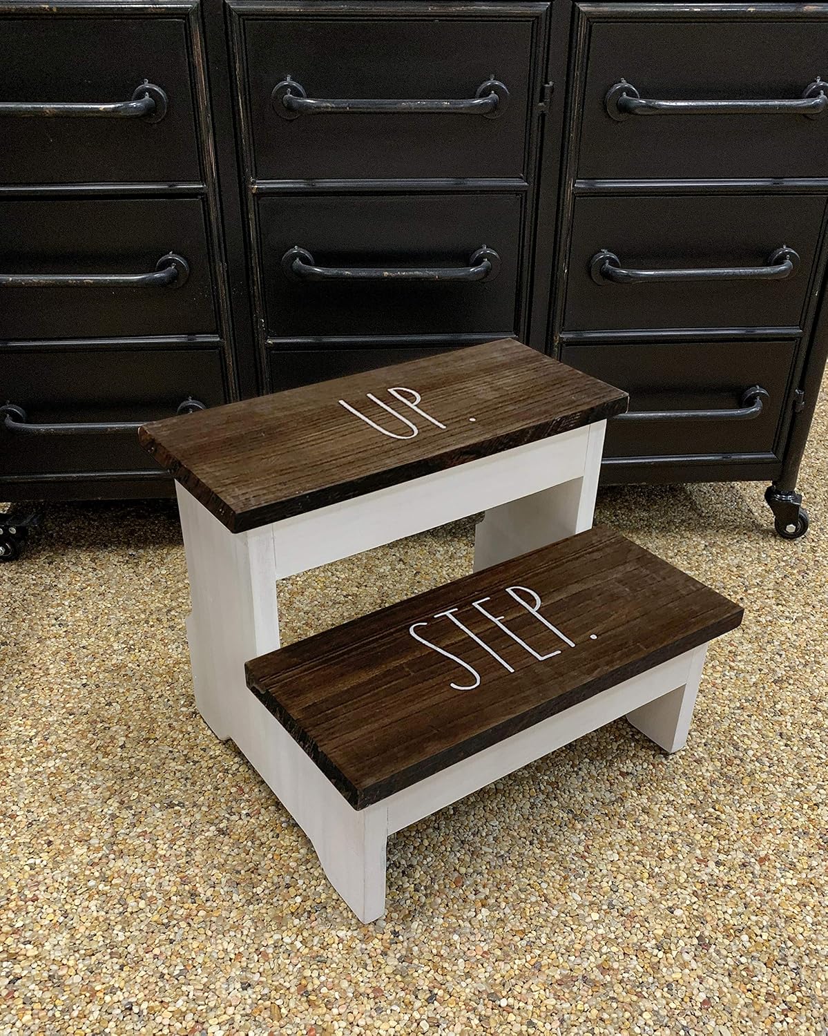 Rae Dunn Wood Two Step Stool - Mini Brown Wooden Stepping Stand for Adults - Reach High Shelves in Kitchen, Bathroom, Closet