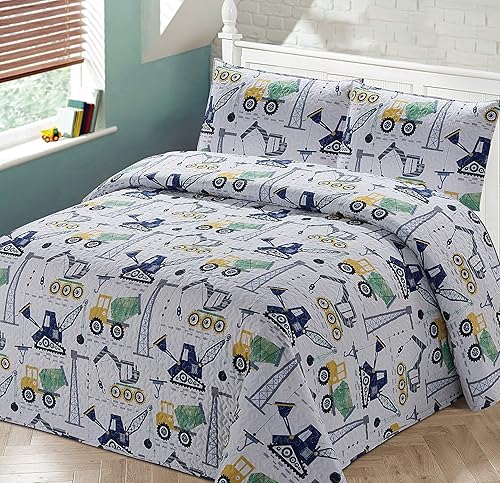 Better Home Style Juego de colcha de vehículos de construcción para niños y niños, blanco, amarillo, verde, azul, con fundas de almohada y