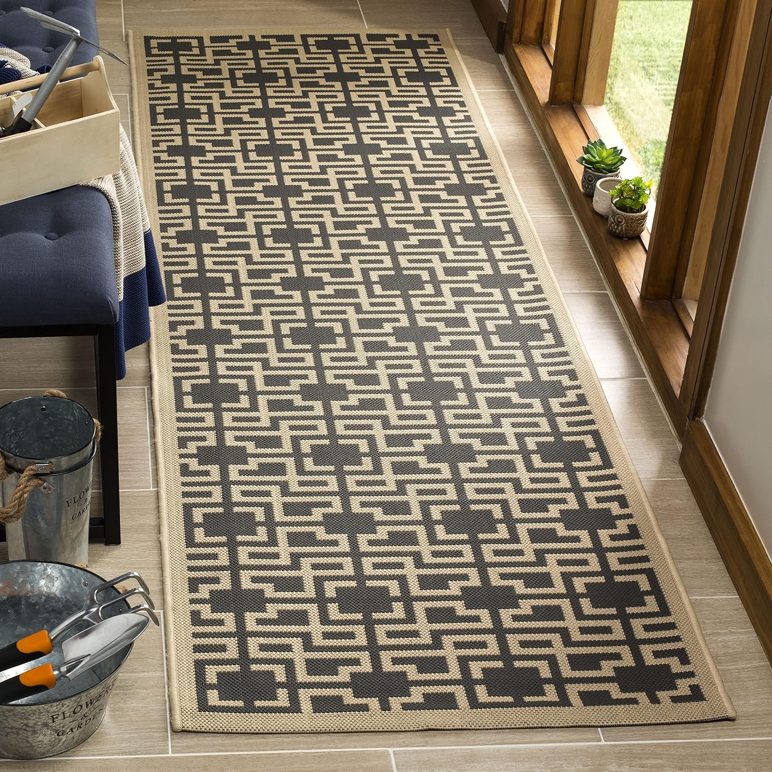Martha Stewart x SAFAVIEH Outdoor Area Rug Collection - 2'7" x 8'2" Runner, Anthracite & Beige, Weather Resistant & Washable, Ideal for Patio, Backyard, Mudroom, Deck, Accent Space (MSR4281-246)