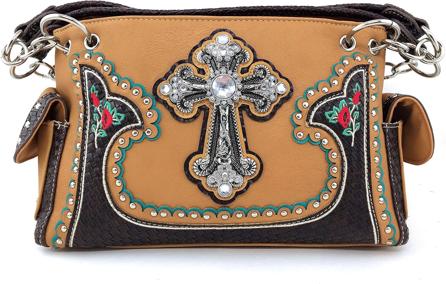Justin West Rhinestone Cross Embroidery Floral Weave Pattern Concealed Carry Western Handbag Purse