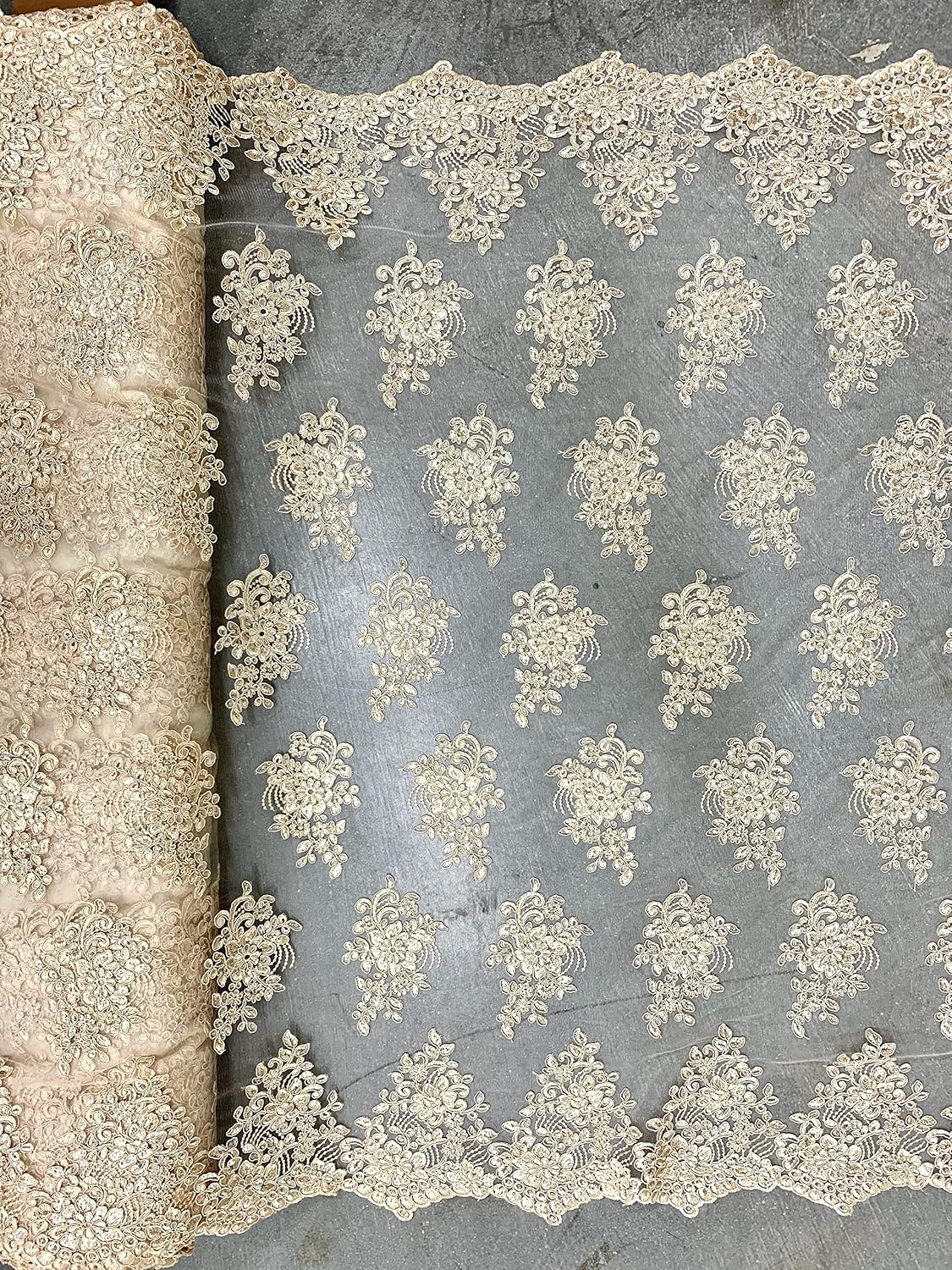 Brianna Champagne Polyester Floral Embroidery with Sequins on Mesh Lace Fabric by The Yard - 10020