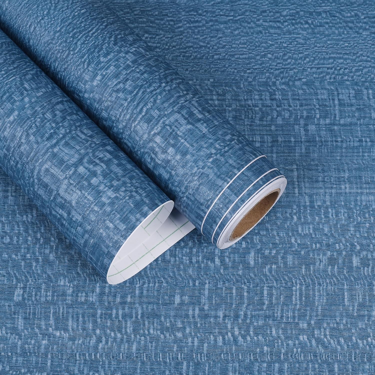 Blue Grasscloth Peel and Stick Wallpaper Linen Fabric Wallpaper 15.7"x472" Self Adhesive Textured Grasscloth Contact Paper Waterproof Decorative Denim Blue Vinyl Wrap for Cabinets Furniture