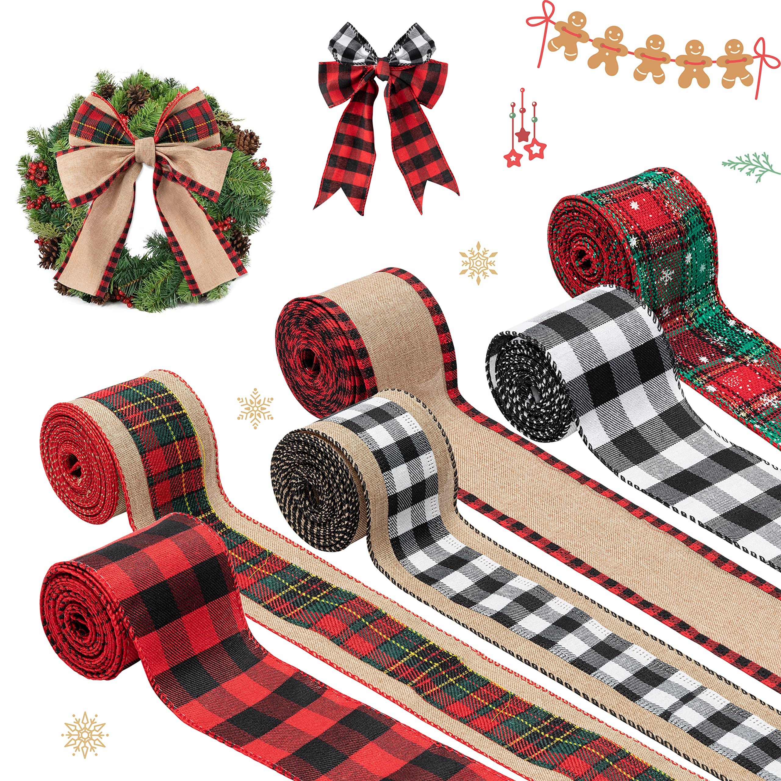 6 Rollen Weihnachtsband mit Drahtrand, schwarz, weiß, rot, Büffelkariert, Schneeflocke, Jutebänder, 6.3 cm × 30 Meter für Weihnachtsbaum, Strumpfdekoration, DIY, Basteln, Geschenkverpackung