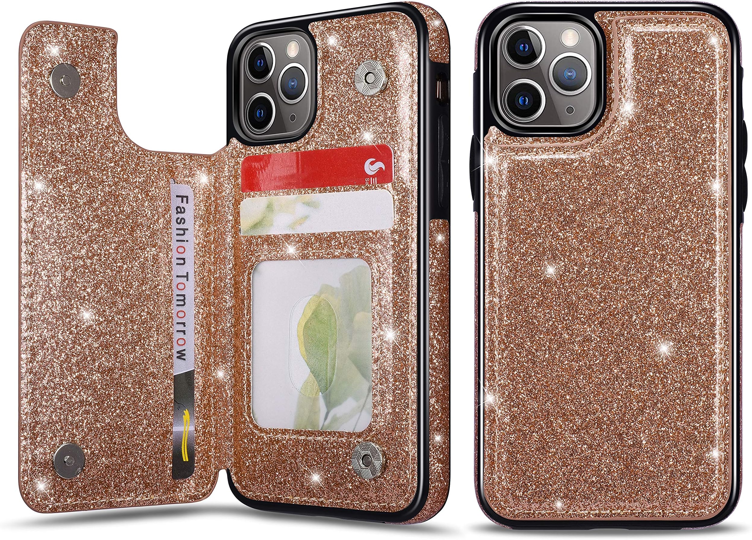 UEEBAI Case for iPhone 11 Pro, Premium Glitter PU Leather Case Back Wallet Cover [Two Magnetic Clasp] [Card Slots] Stand Function Durable Shockproof Soft TPU Case - Rose Gold#3