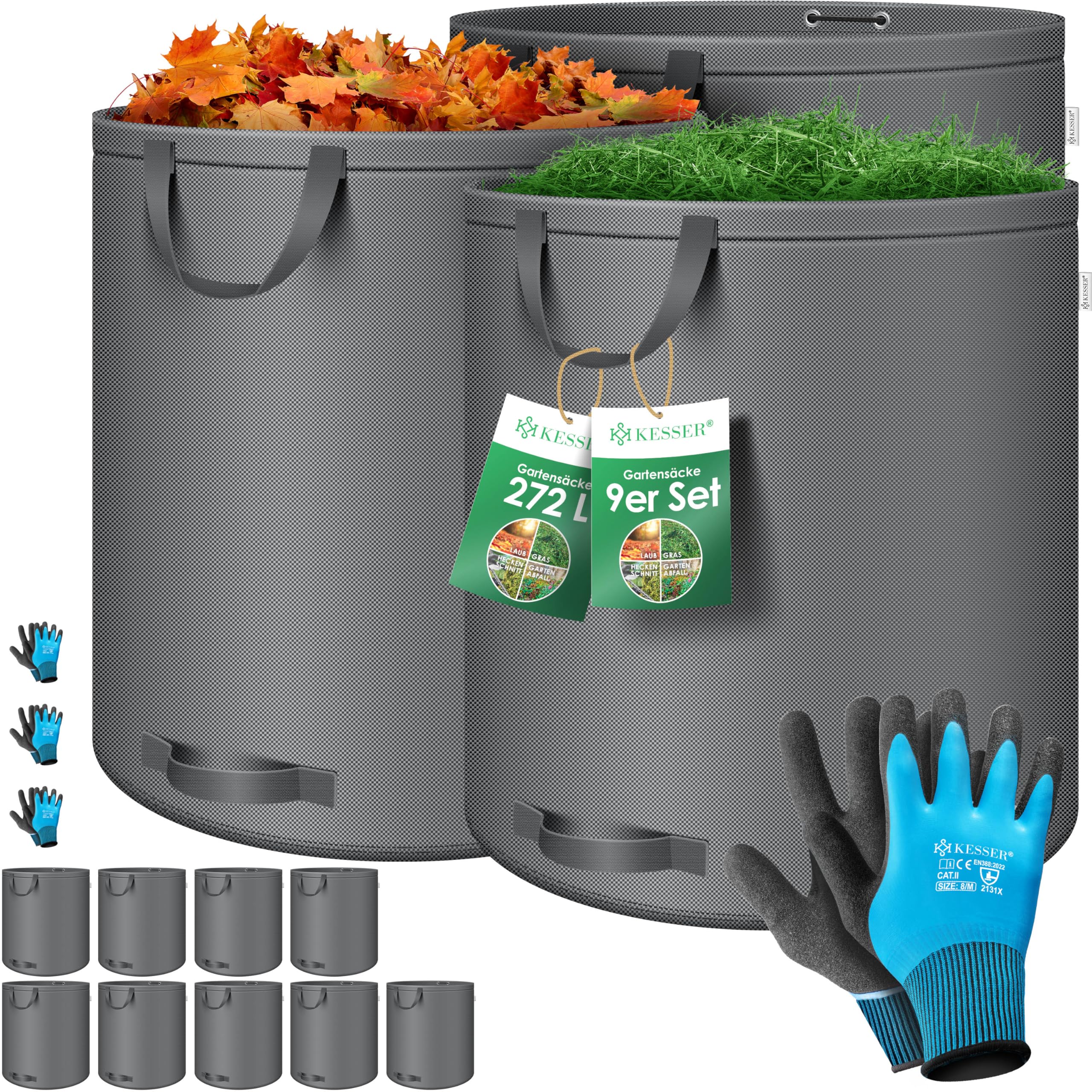 KESSER Set di 9 sacchi da giardino da 272 l, con guanti, 4 manici, stabili e pieghevoli, per tagliare il prato, per rifiuti da giardino, colore verde antracite