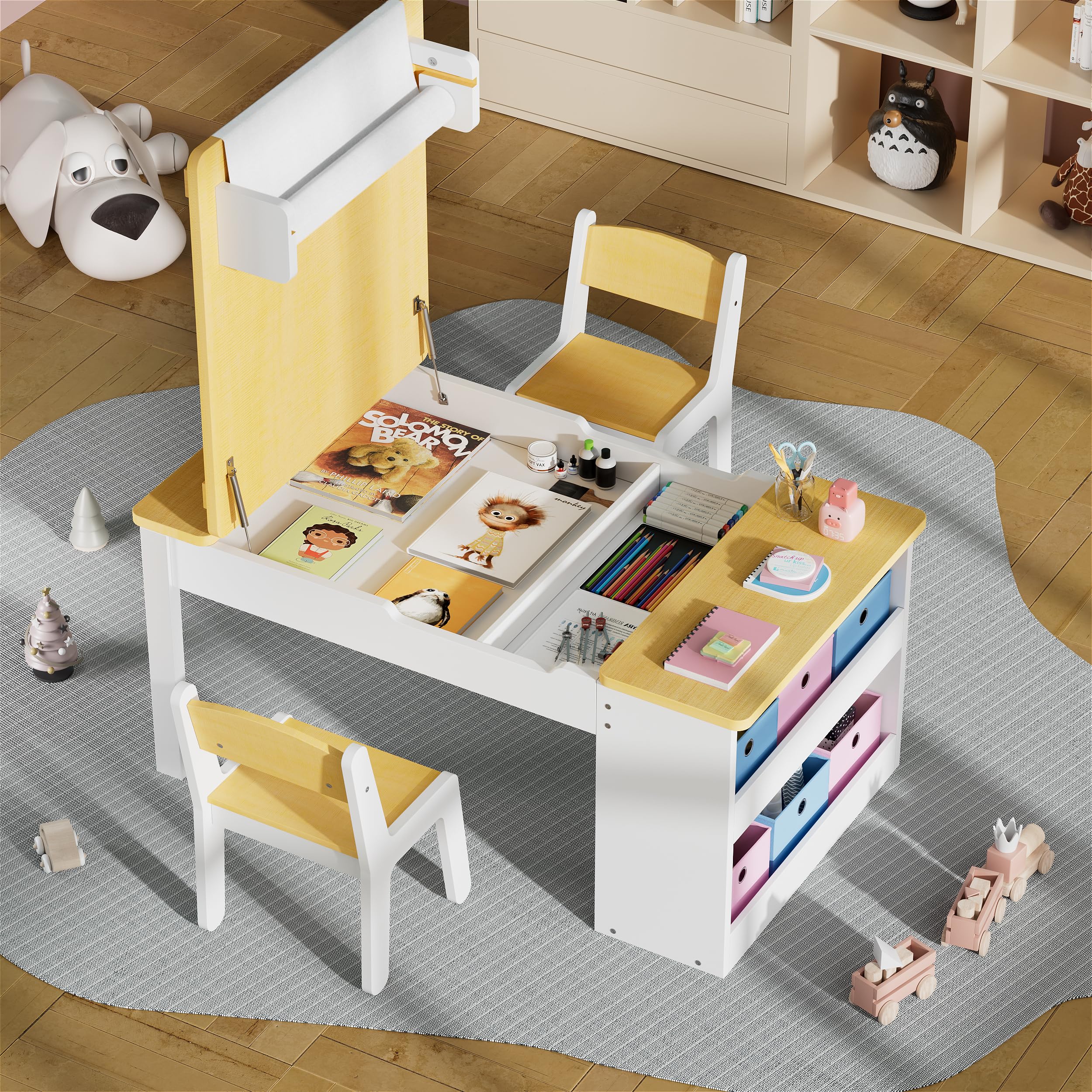 Table Enfant avec 2 Chaises en Bois, Plateau Inclinable, Coloriage, 110x62x53.4 cm