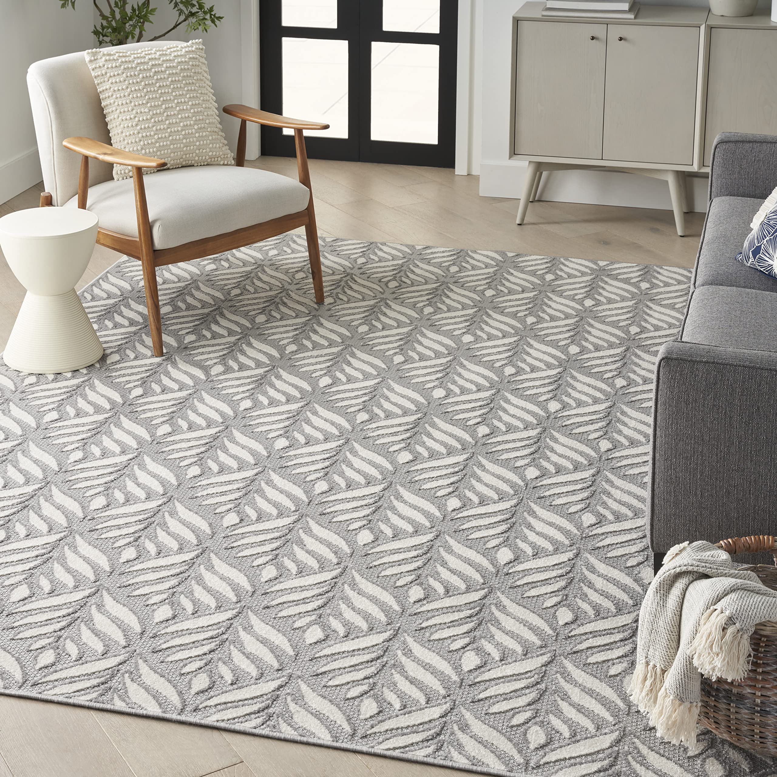 Nourison Aloha Indoor/Outdoor Grey 5'3" x 7'5" Area Rug, Easy Cleaning, Non Shedding, Bed Room, Living Room, Dining Room, Kitchen (5x7)