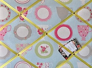 Custom Handmade Bespoke Fabric Pin Memo Notice Photo Cork Memo Board With Clarke & Clarke Tea Cups Duck Egg With Your Choice of Sizes & Ribbons