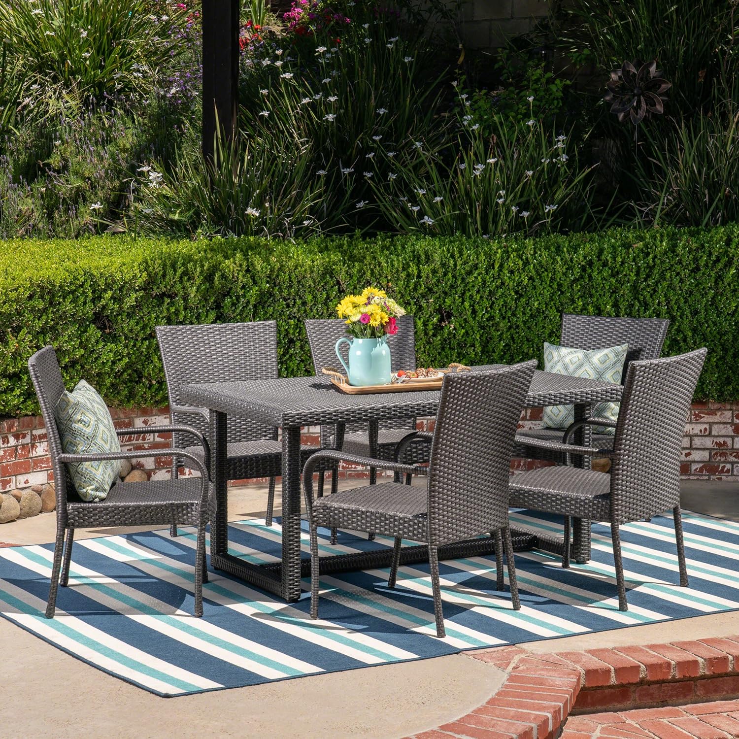 Christopher Knight Home Liam Outdoor 7 Piece Wicker Dining Set, Grey
