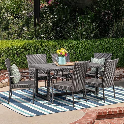 Liam Outdoor 7 Piece Wicker Dining Set, Grey