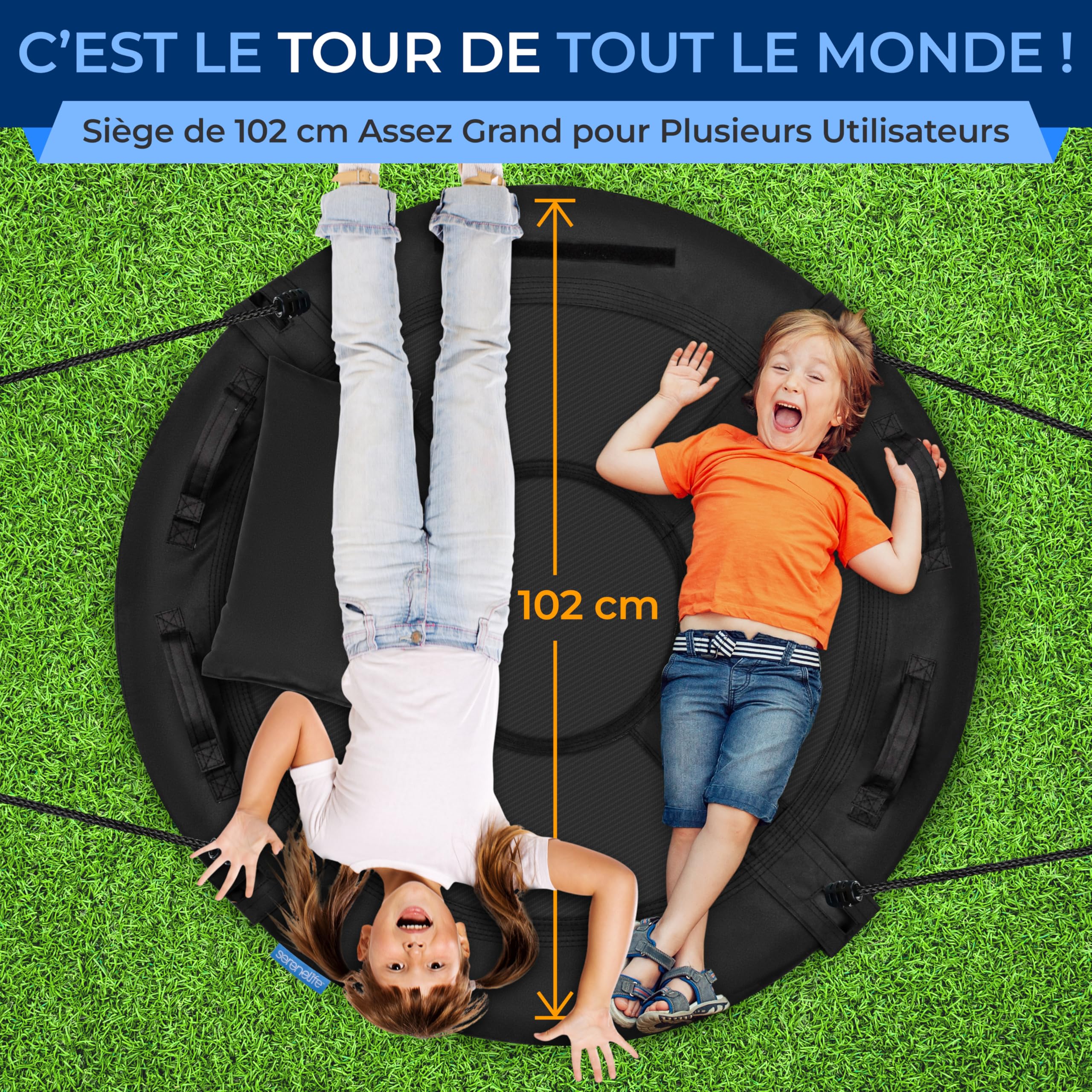 SereneLife Balançoire Exterieur Tournante 100 cm avec Coussin – Siège Extérieur Imperméable avec Sac, Charge 317 kg | Kit de Suspension Universel, Tapis Résistant à l’Eau, Noir