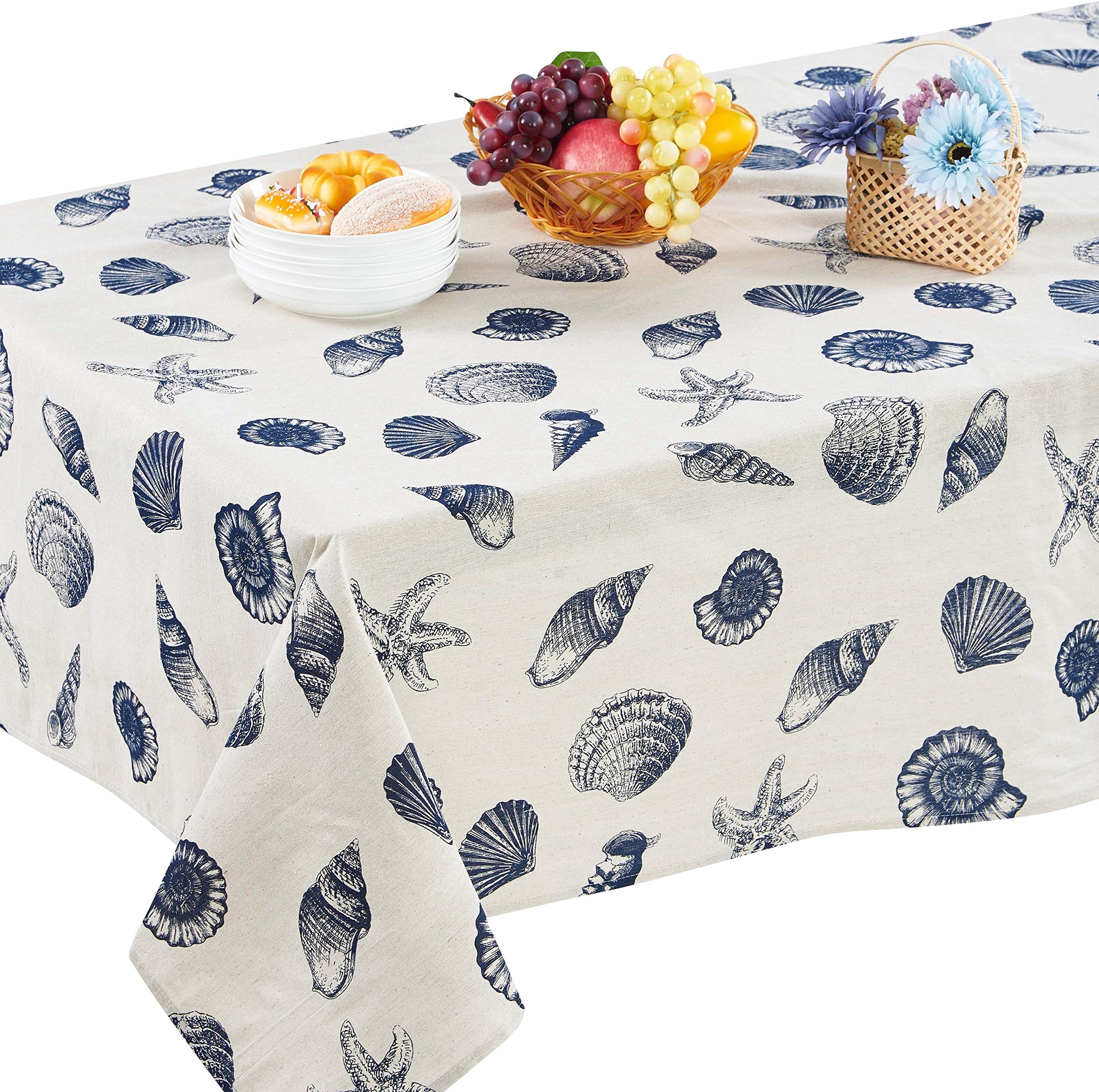 ENCOFT Alicemall Beach Themed Tablecloth Blue Shell and Starfish Print White Table Covers Linen and Cotton Blended Rectangle Table Cloth (Beach Theme, 55" x 86")