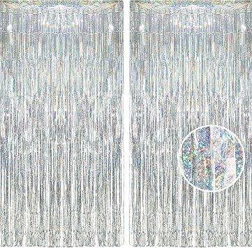 2-Piece Set BRAVESHINE Glitter Tassel Curtains Bright Gloss Background Birthday Christmas Decoration 100cm*250cm Birthday Decoration Curtain Party Decoration Silver