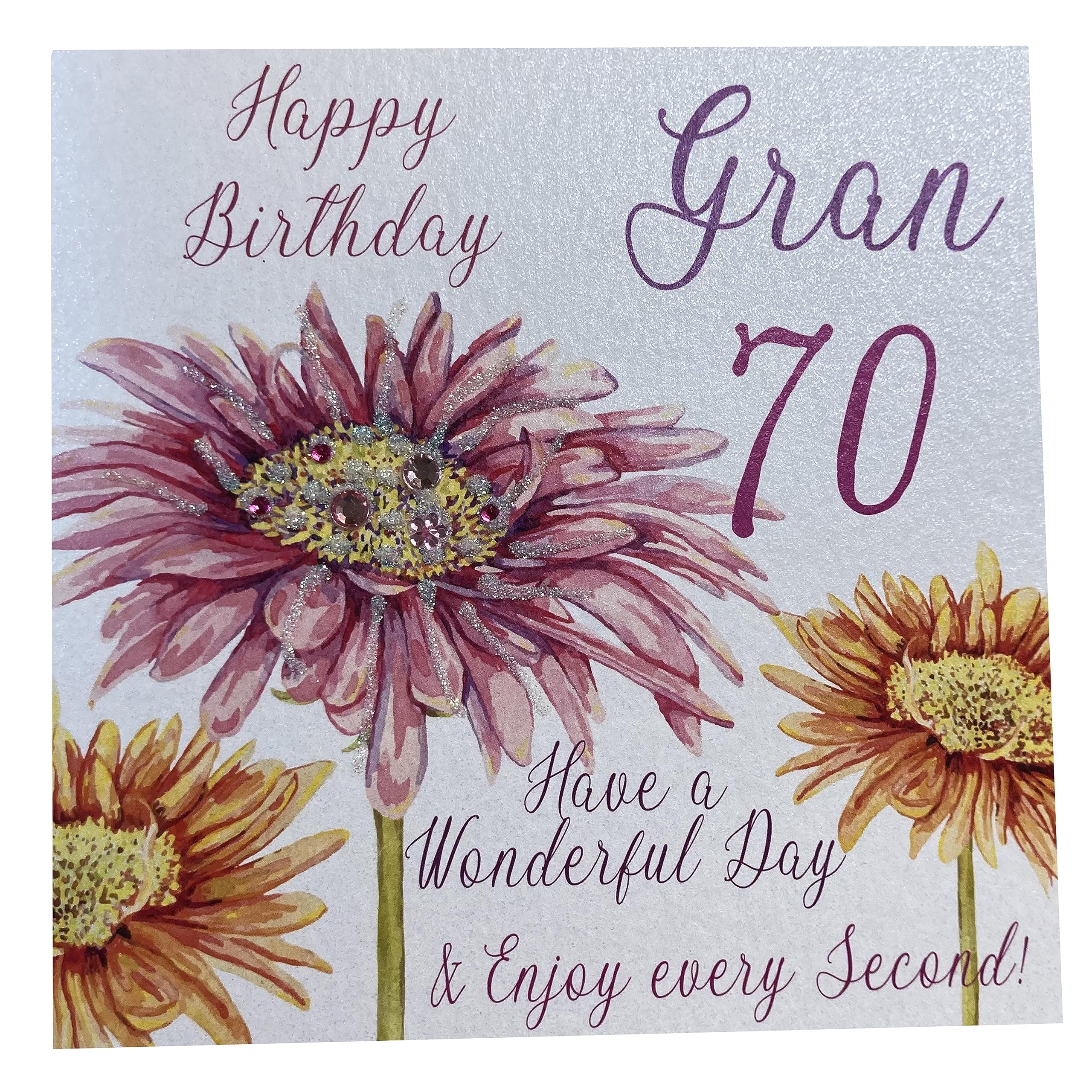WHITE COTTON CARDS "Pink Gerbera, Happy Birthday 70 Gran Have a Wonderful Day Handmade 70th Birthday Card, White, WBA70-G