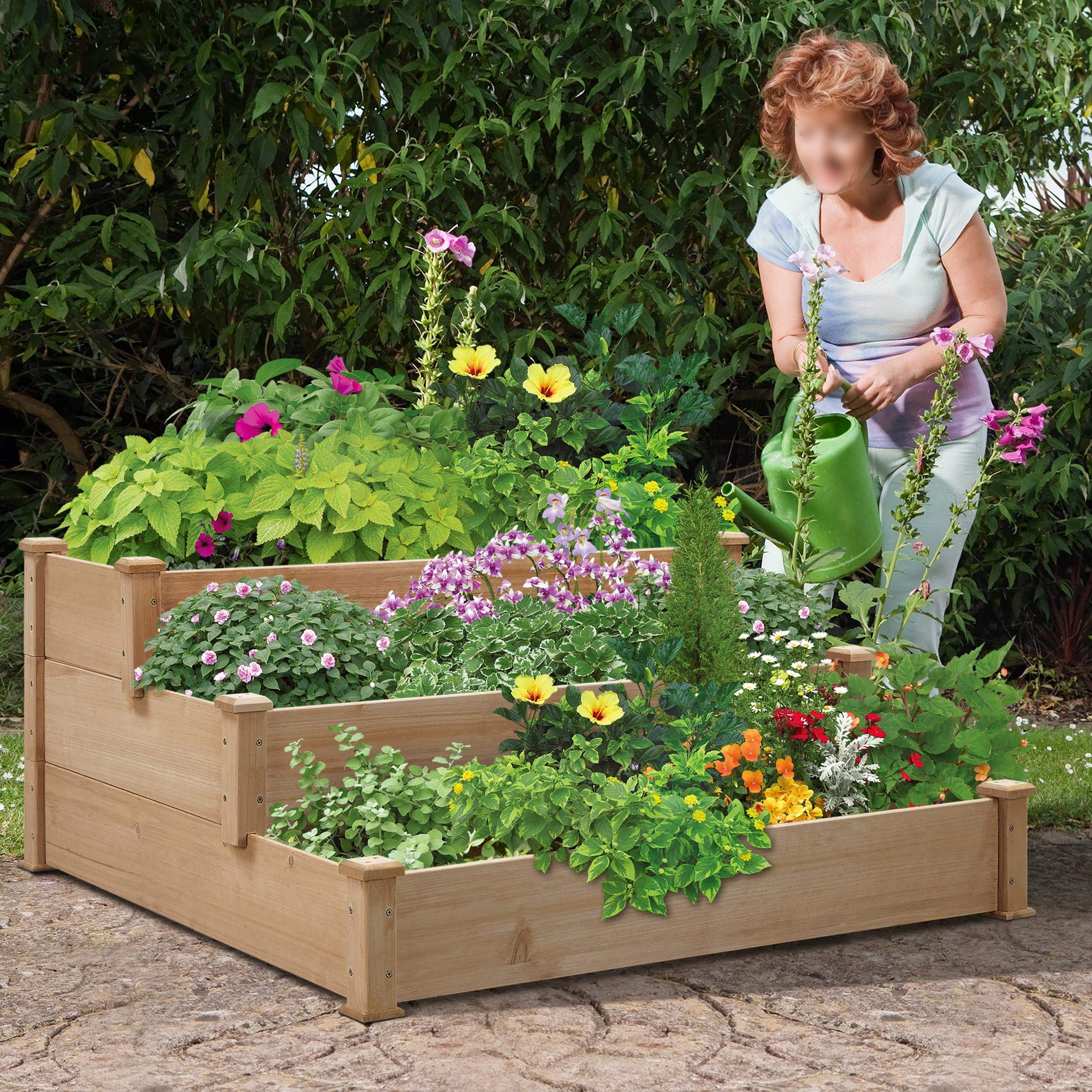 Yaheetech stapelbares Hochbeet 3 Etagen Blumentreppe Stufenbeet Garten Beete Pflanzenbeet Holz Frühbeet für Gemüse, Kräuter, Blumen, 3-stufig, Hellbraun