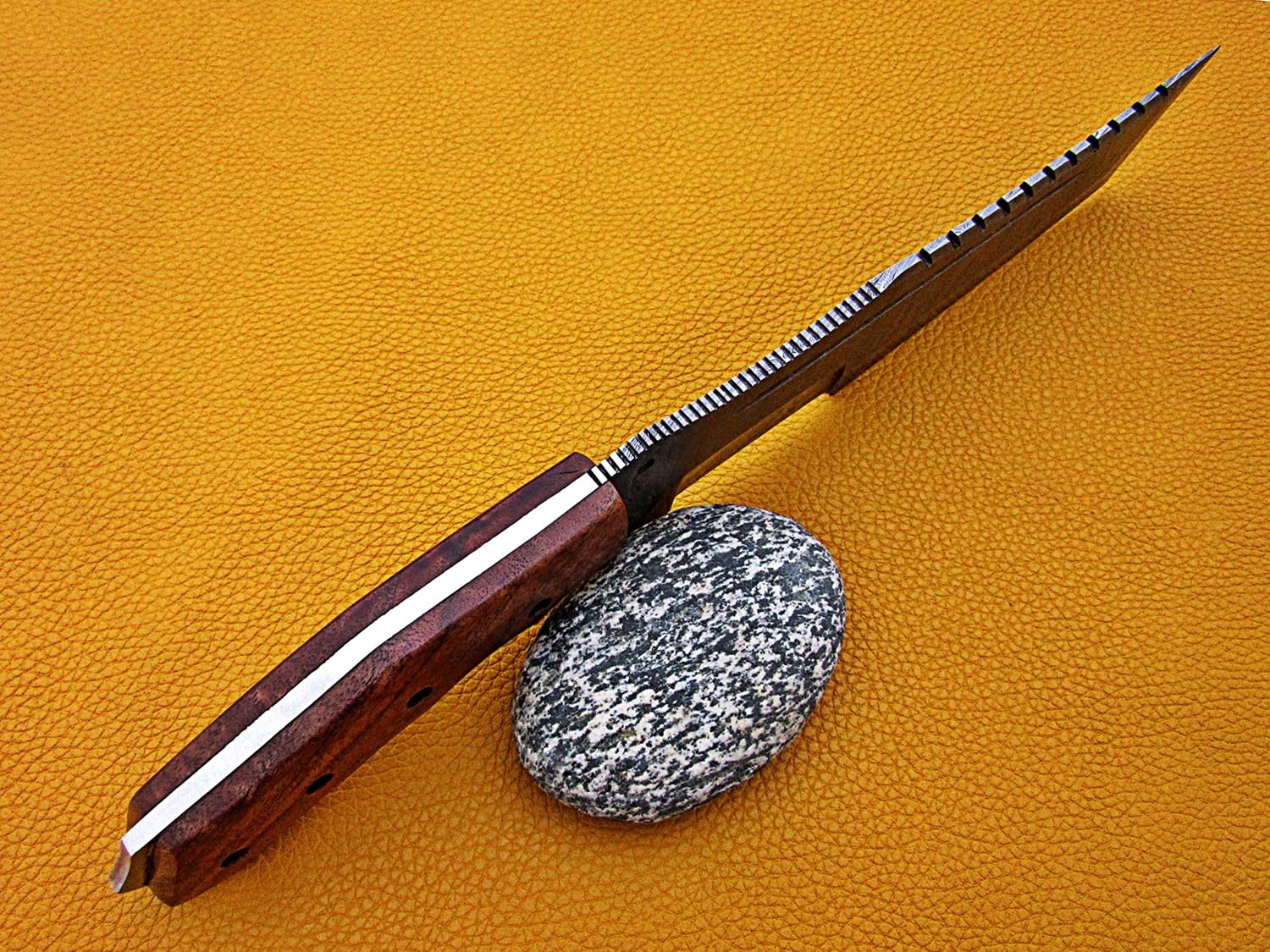 14" Long hand forged Damascus steel tracker knife full tang Tanto blade, Natural rose wood scale with hole, cow hide leather sheath