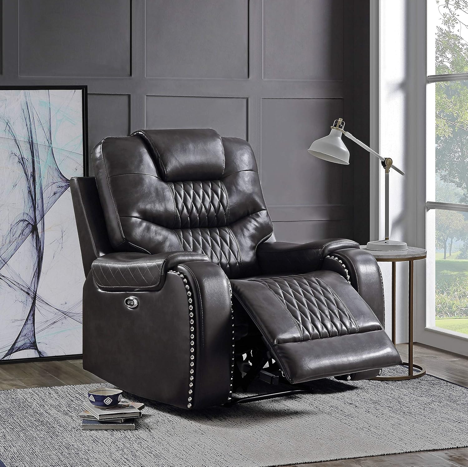 Acme Braylon Faux Leather Tufted Power Motion Recliner in Magnetite Black