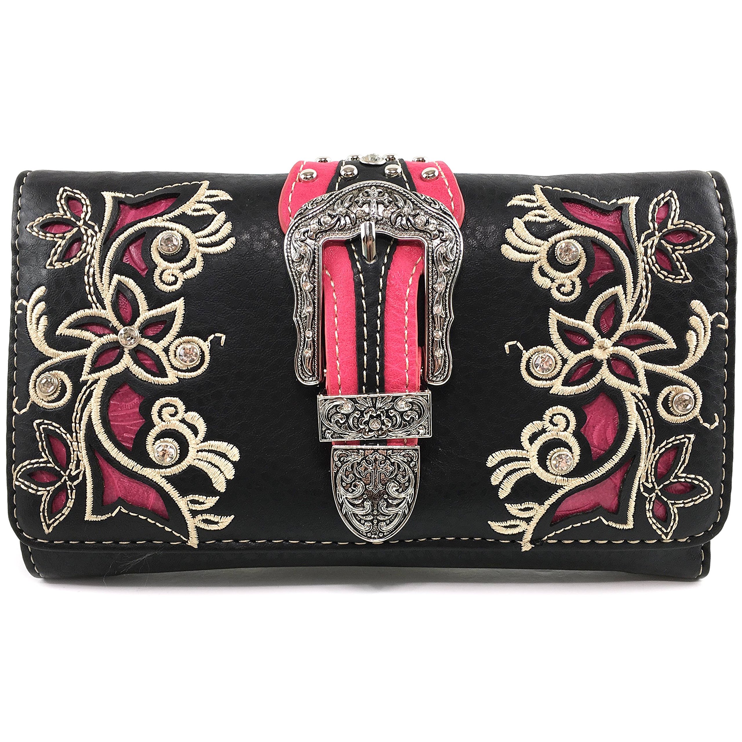 Justin West Western Floral Rhinestone Side Pocket Cross Slim Handle Handbag Purse Tote and Strap Wallet (Black Hot Pink Wallet Only)