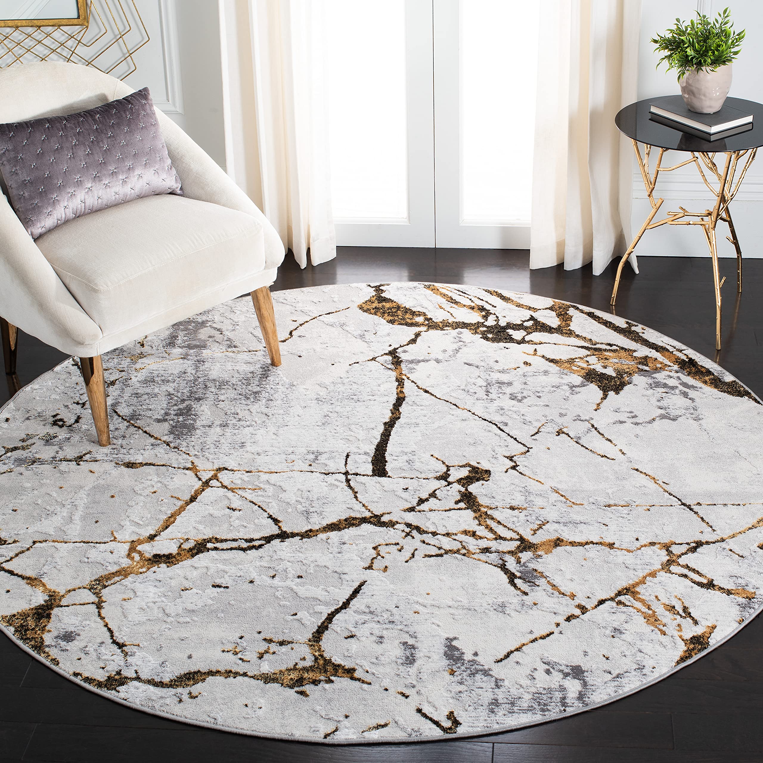 SAFAVIEH Amelia Collection Area Rug - 10' Round, Grey & Gold, Modern Abstract Design, Non-Shedding & Easy Care, Ideal for High Traffic Areas in Living