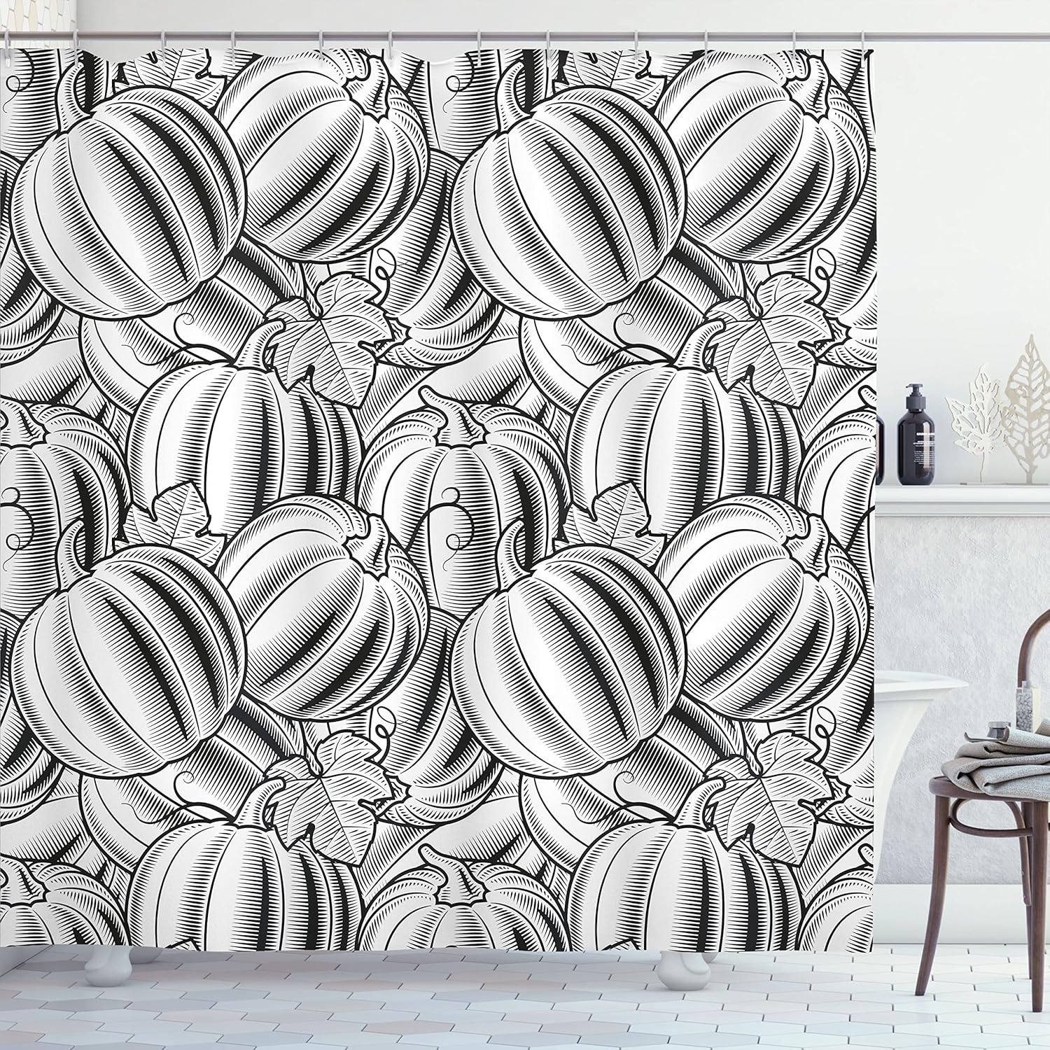 Lunarable Pumpkin Shower Curtain, Black and White Autumn Fruits Image Harvest Halloween Themed Hand Drawn Artwork, Cloth Fabric Bathroom Decor Set with Hooks, 69" W x 75" L, Black White