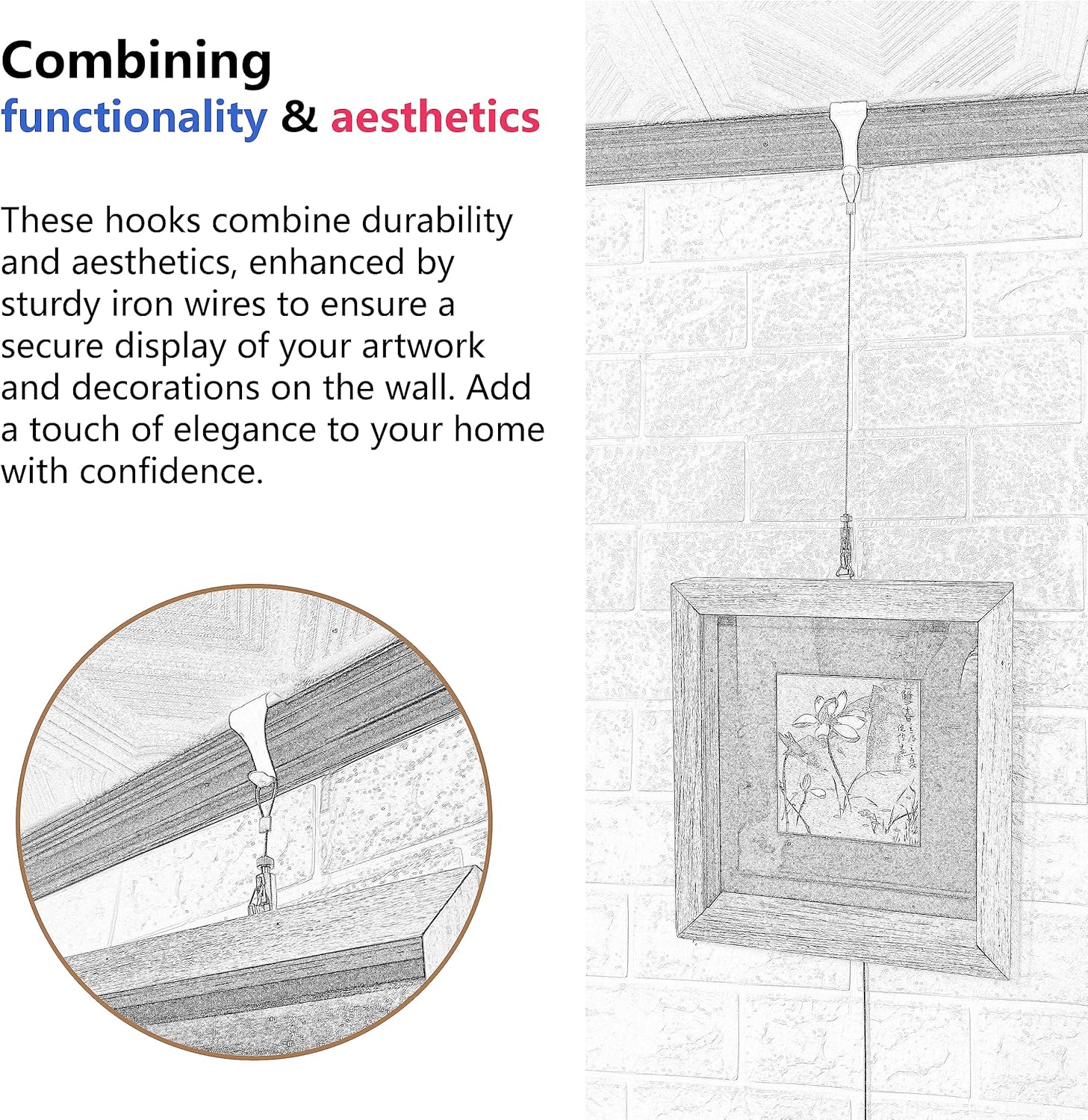 Picture Hanging Kit – Picture Rail Hooks with 6 of Each White Rail Hooks, 72 Inch Invisible Loop Cord, 6 Adjustable Hooks – Stainless Steel Picture Molding Hangers Nylon and Steel Cable - Image 4