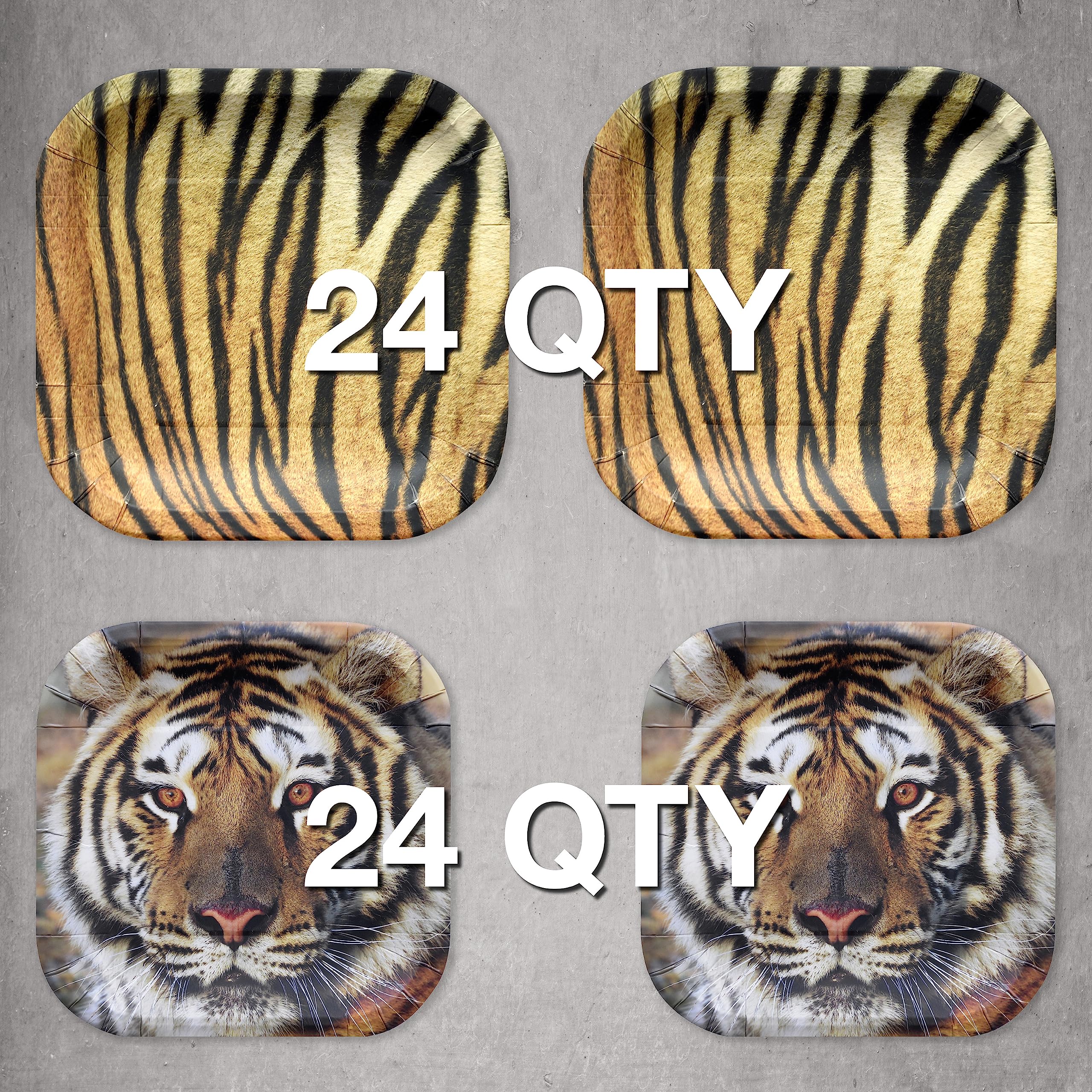 Havercamp Tiger Theme Party Pack for 24 Guests! Photo-Realistic Tiger Supplies for a Roaring Good Birthday, Football, or any Big Cat Event! Includes 24 Dinner Plates & 24 Side Plates