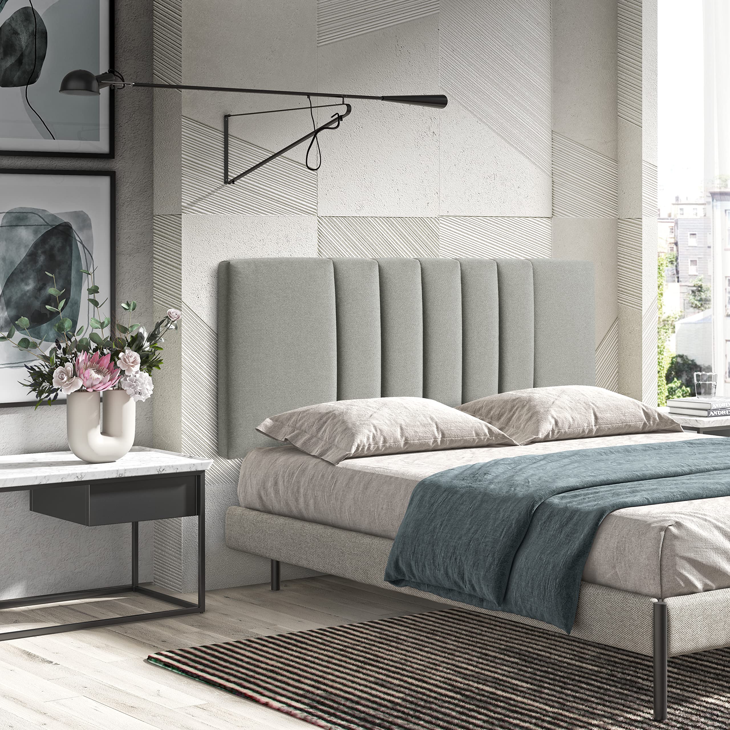 MOMMAHOME® Cabecero de Cama Luna en Tela Con Patas de Madera - Tapizado Suave, Acolchado, Incluye Herrajes - Color Gris, 150 x 60 + 40cm de Patas