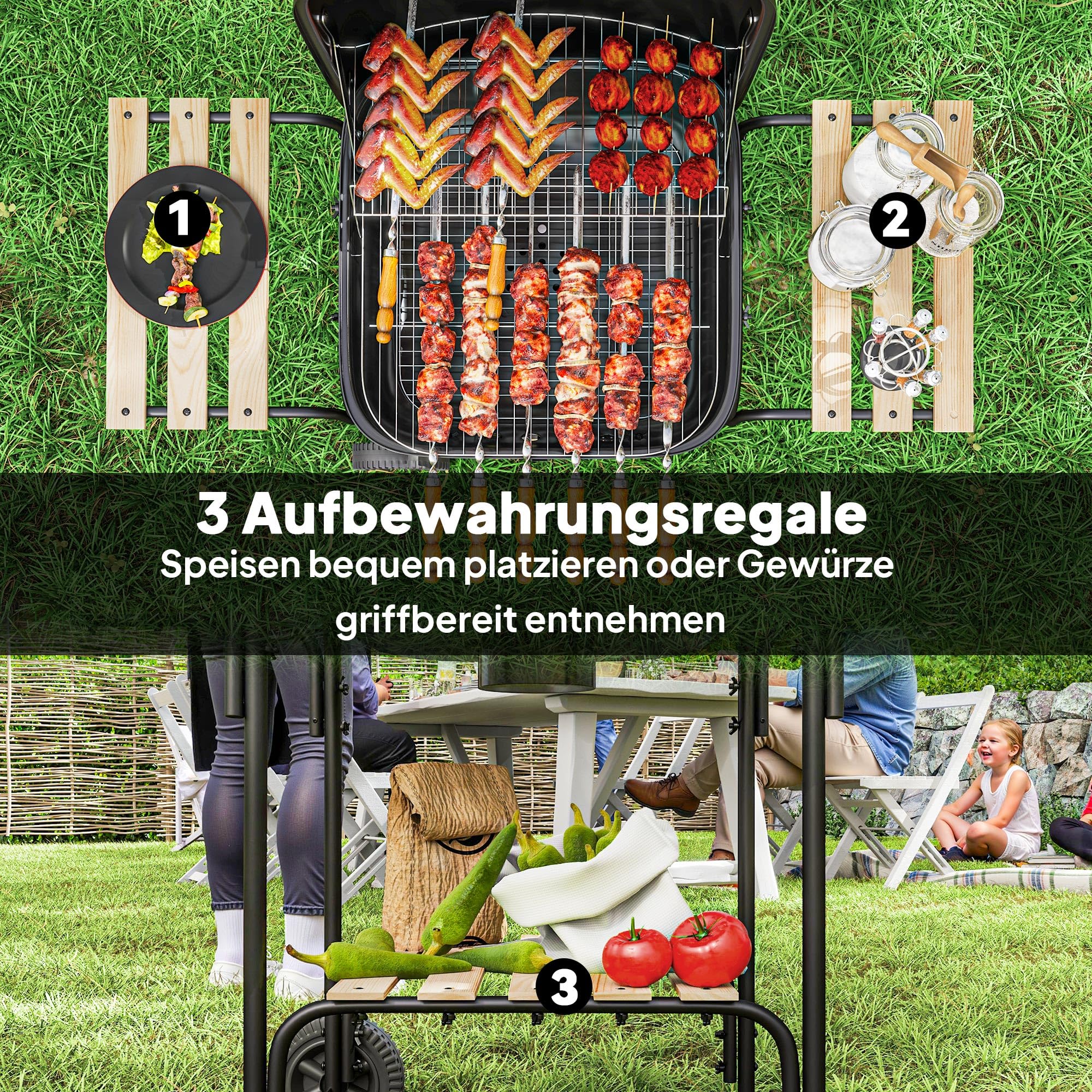 Outsunny Grill węglowy ze stali, przenośny grill z zamykaną pokrywą, rusztem, kółkami i drewnianymi półkami, grill ogrodowy BBQ, 98 x 54 x 91 cm, czarny