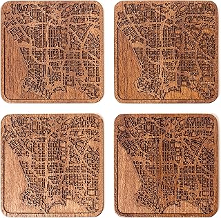Los Angeles Map Coaster by O3 Design Studio, Set Of 4, Sapele Wooden Coaster With City Map, Handmade