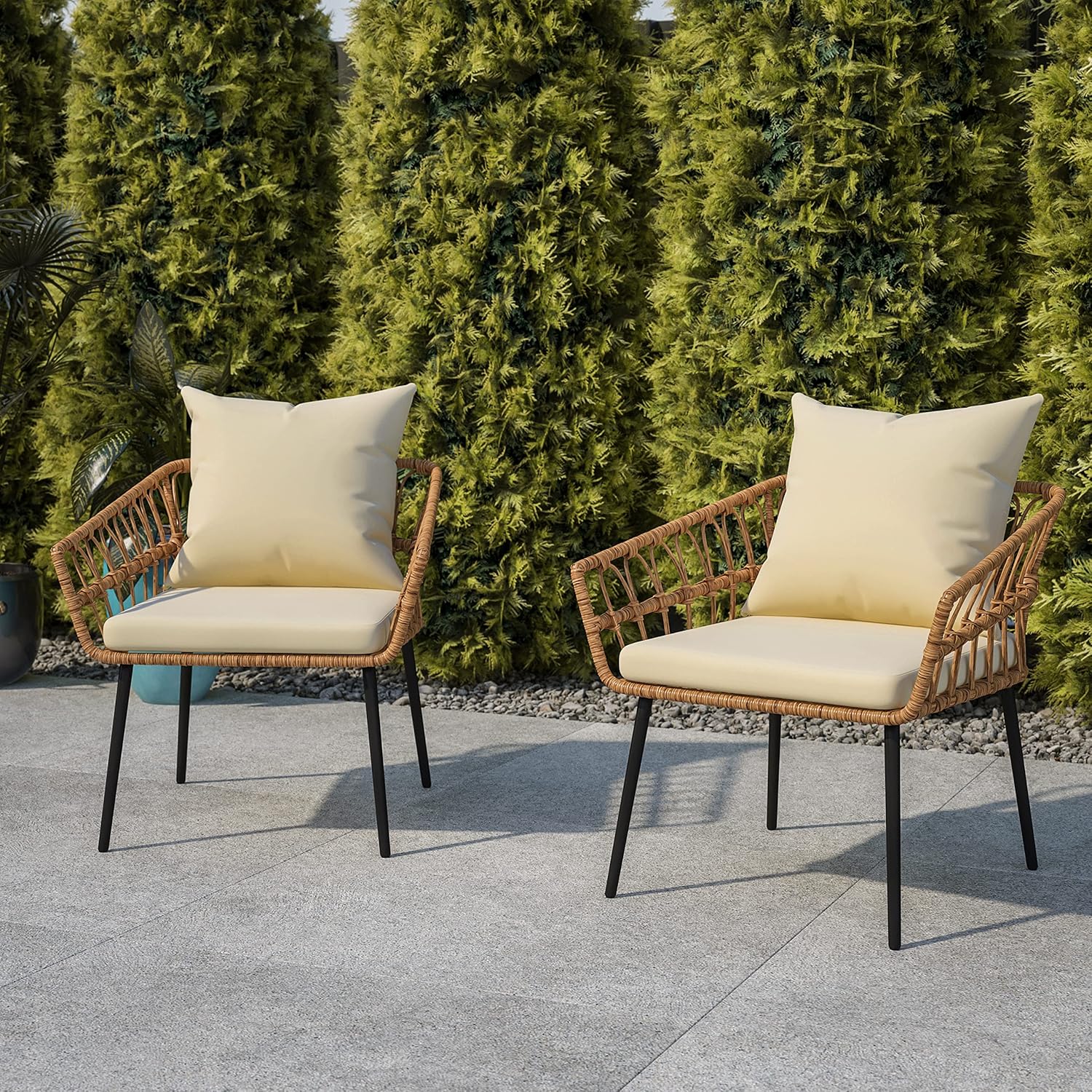 Flash Furniture Evin Set of 2 Boho Indoor/Outdoor Patio Chairs - Natural Finish Faux Rattan Wicker - Cream All-Weather Cushions - Integrated Armrests