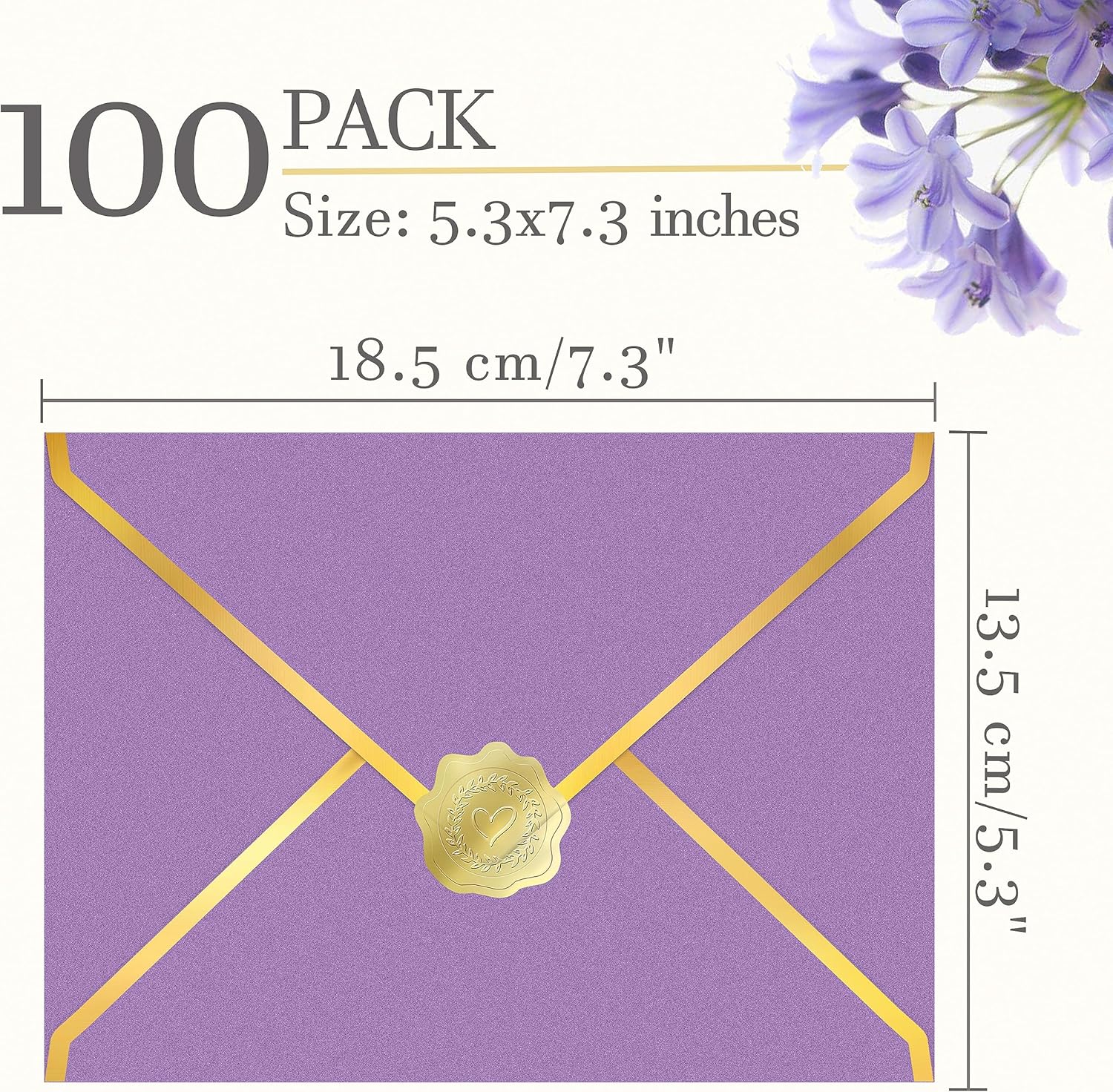 100 Pack 5x7 A7 Envelopes for Invitations, 250g Thick Shimmer Cardstock 4x6 Envelopes with Gold Foil V Flap &Sealer, A6 Envelope for Gift Card,Wedding,Baby Shower(Purple)