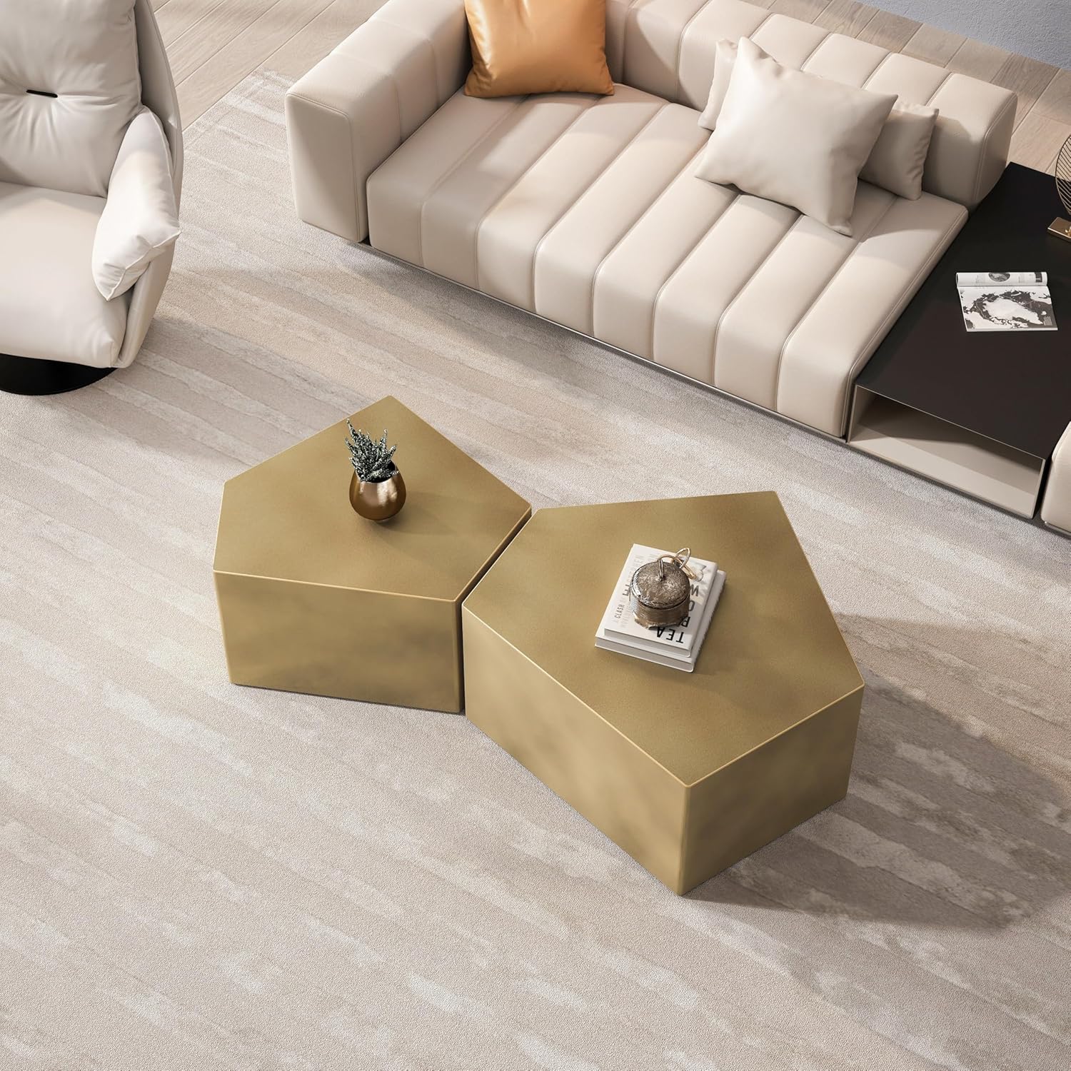 Nesting Coffee Table Set of 2, Modern Irregular Pentagon Coffee Table, Geometric Minimalist Cocktail Center Side Table for Living Room, Office,Small Apartment Antique Brass, Copper Gold 29.33"