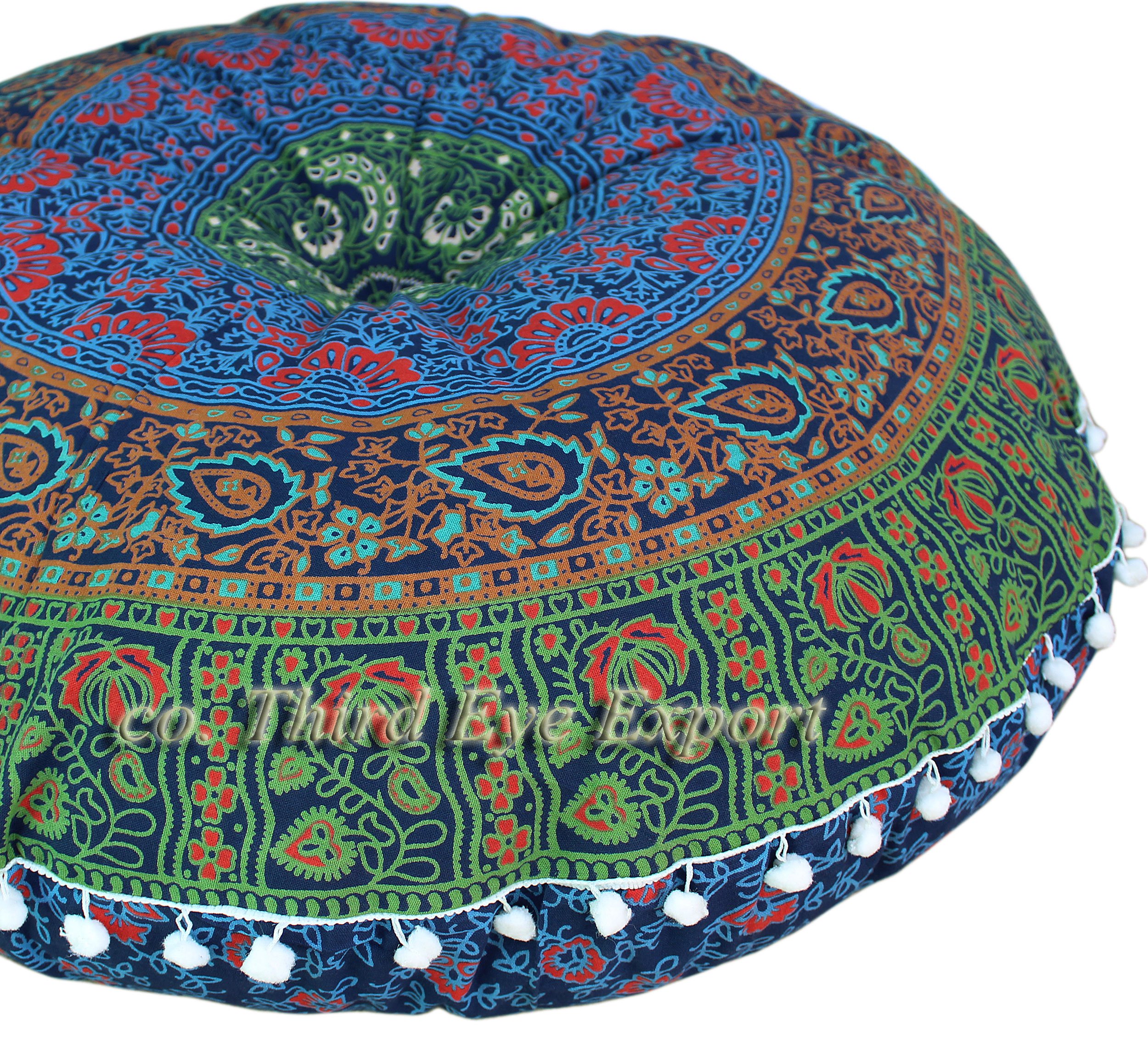 Third Eye Export Boho Room Decor Aesthetic: Vintage Indie 32 Inches Indian Blue Mandala Round Pillows Meditation Cushion Cover, Perfect for Cottagecore Hippie Room Decor (Blue-2, 32 Inches (81 Cms.)