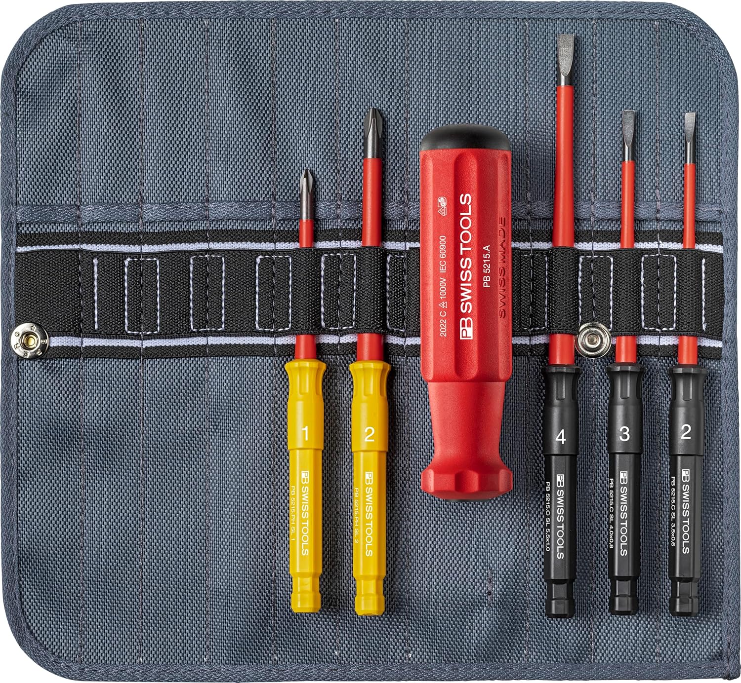 PB Swiss Tools Insulated Classic Slim Interchangeable Blade Screwdriver Set PB 5216.SU | 100% Swiss Made | 6-Piece VDE Screwdriver Set for Slotted & Phillips Fasteners in a Roll-Up Case