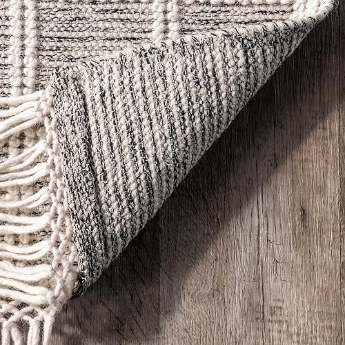 Miniatura 4 de nuLOOM Huia - Alfombra casual de mezcla de lana a rayas con borlas, 9 x 12 pies, color marfil