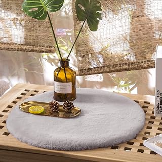 Kunst-Fell-Teppich Deko Sitzkissen | Flauschige Stuhlauflage für Schlafzimmer, Wohnzimmer oder Kinderzimmer | rutschfest und waschbar | Grau - Rund 30cm