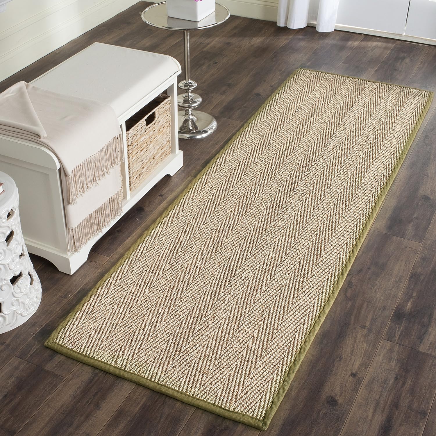 SAFAVIEH Natural Fiber Collection Runner Rug - 2'6" x 16', Natural & Olive Green, Seagrass, Herringbone Pattern with Border (NF115G)