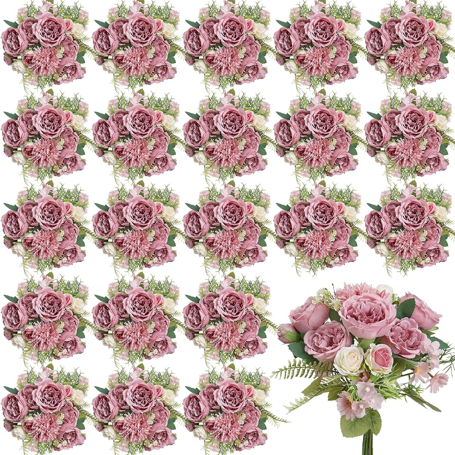 Bundles Artificial Peonies, 24 Bundles Silk Blue Fake Roses White Peonies with Stems Faux Flower Bundles for Spring Summer Wedding Bouquet Home Bridal Baby Shower Party Centerpieces Vase Office