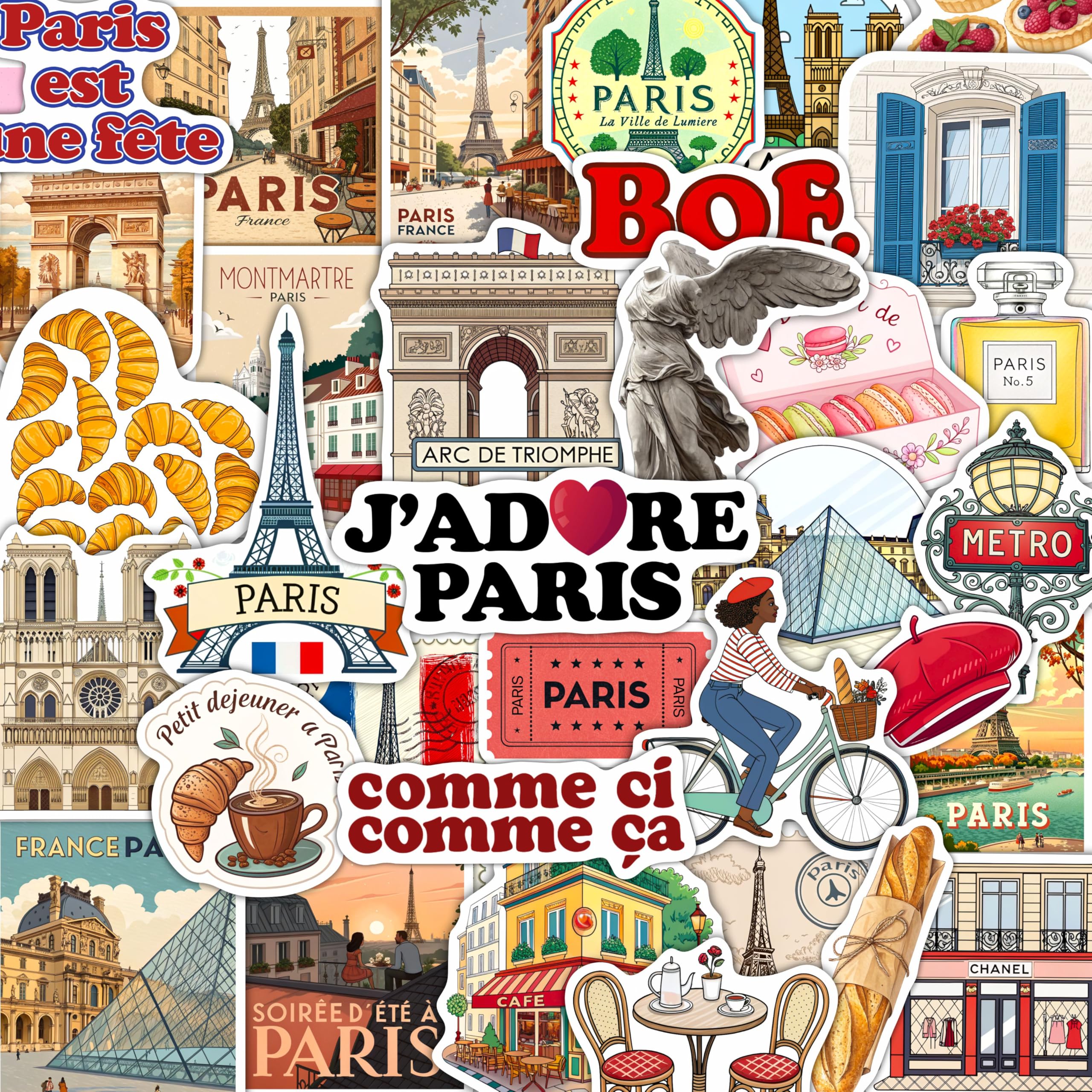 100Pcs French Stickers - Paris France Stickers for Water Bottle, Laptops - Eiffel Tower Decals - Paris Party Supplies - Gift for Women & Men