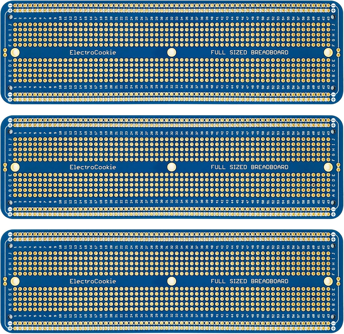 ElectroCookie Solderable Breadboard Large PCB Board for Electronics Projects Compatible for DIY Arduino Soldering Projects, Gold-Plated (3 Pack, Blue)