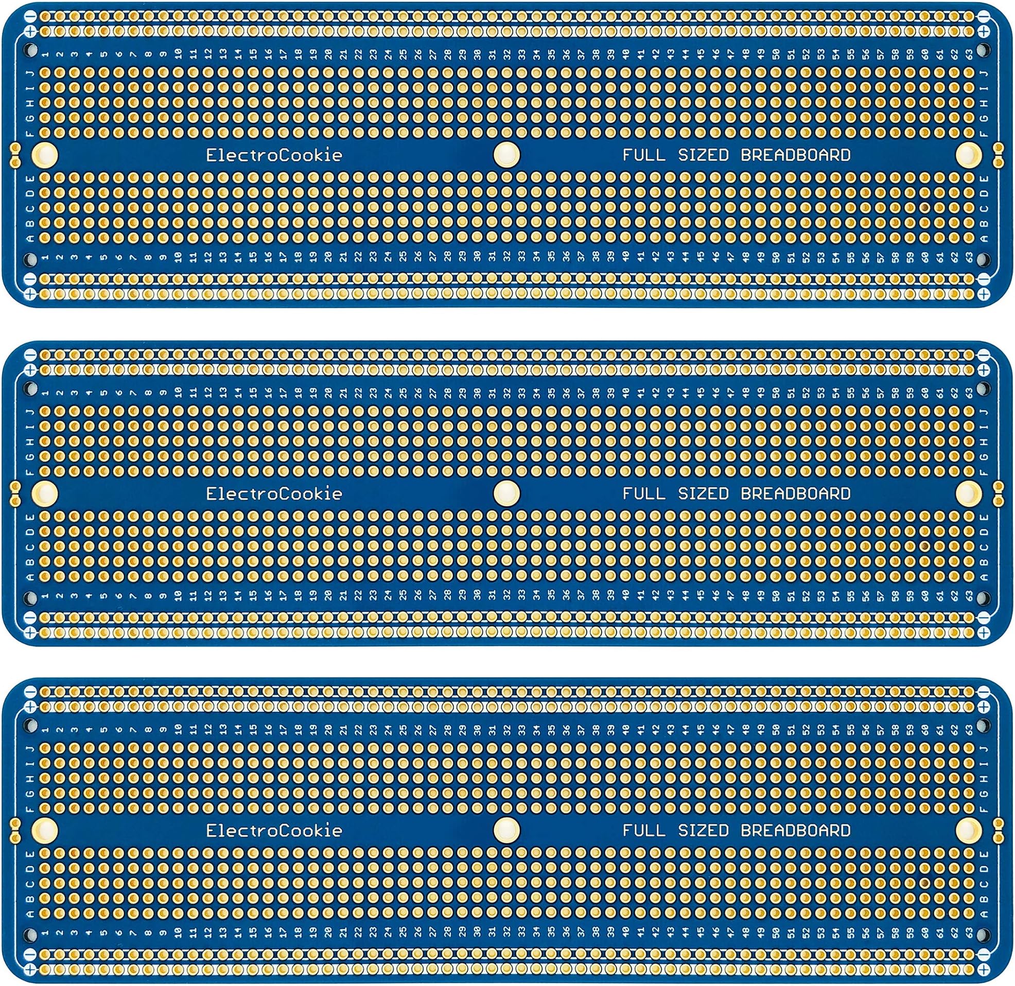 ElectroCookie Solderable Breadboard Large PCB Board for Electronics Projects Compatible for DIY Arduino Soldering Projects, Gold-Plated (3 Pack, Blue)